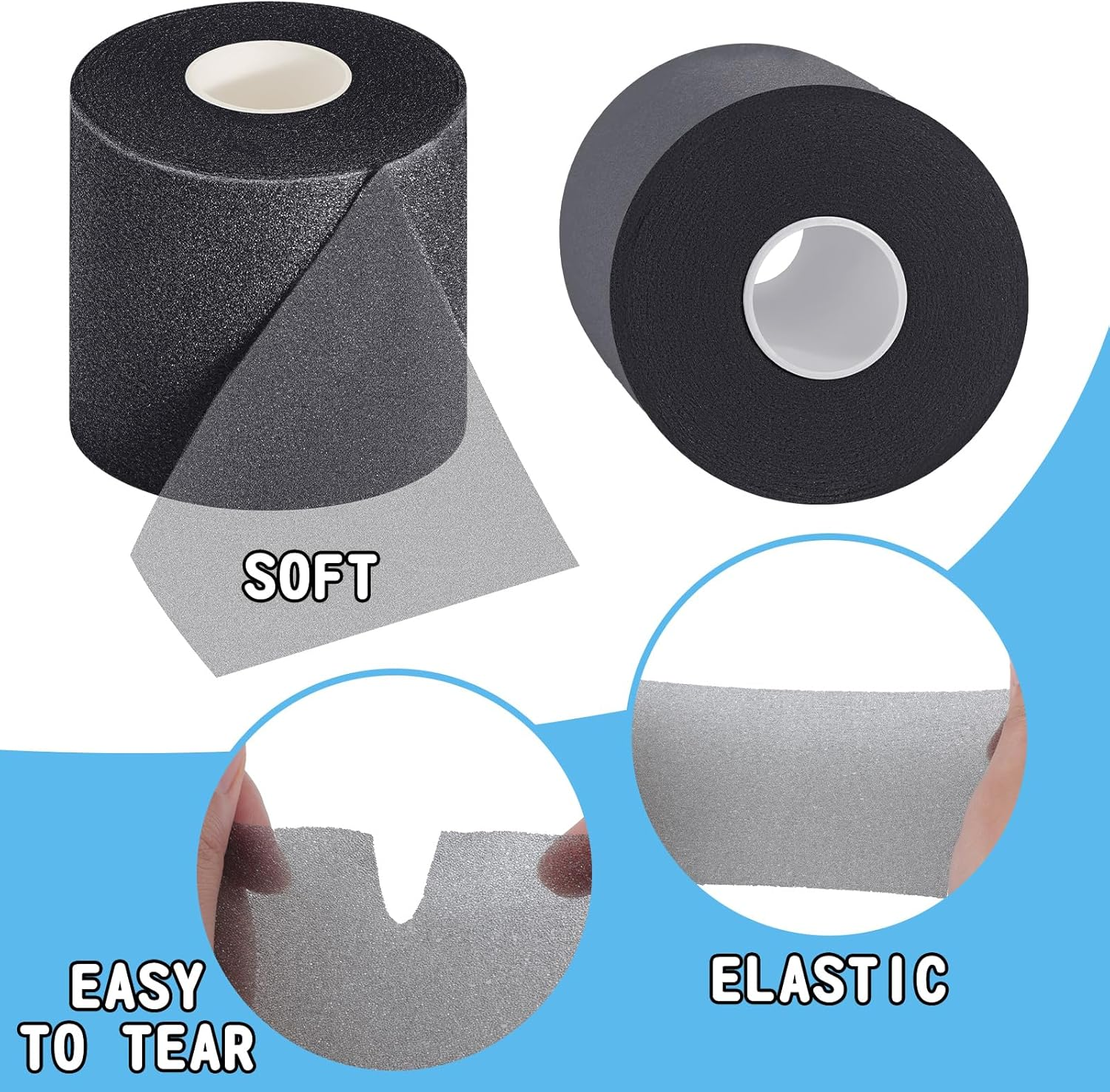 BBTO 3 Pieces Foam Underwrap Sports Pre-Wrap Athletic Tape, 2.75 Inch by 30 Yards (Black) - Black, Blue image number 6