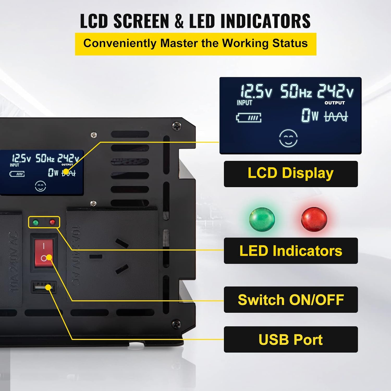 VEVOR Power Inverter 3000W Modified Sine Wave Inverter DC 12V to AC 240V Car Converter with LCD Display Remote Controller LED Indicators AC Outlets Power Inverter for Car RV Truck Boat Travel Camping image number 1