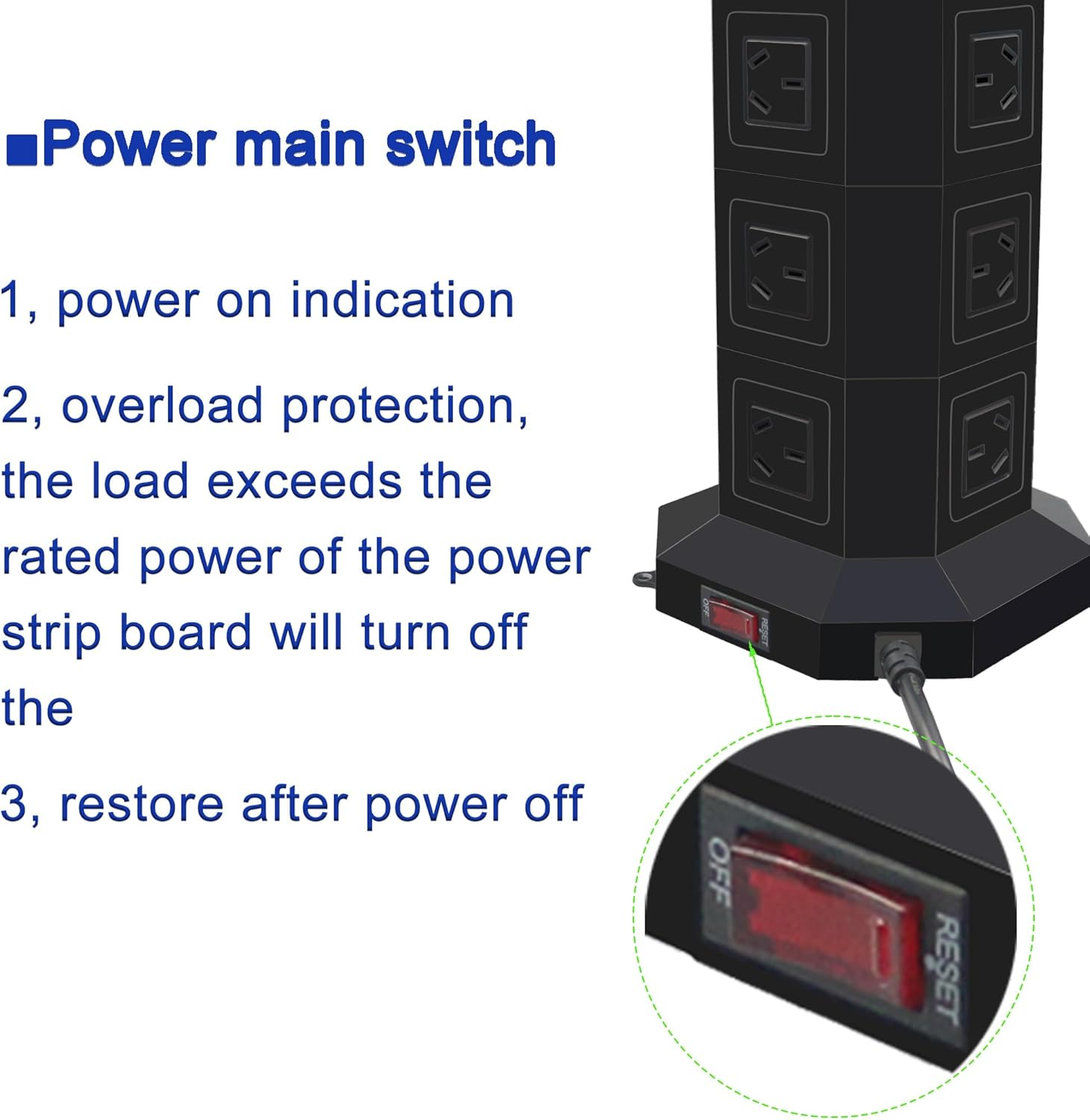 Tower Power Strip USB Surge Protector Socket 16 AC Outlets with PD USB C Ports 40W Chargers 2M Long Extension Cord SAA Certified Black