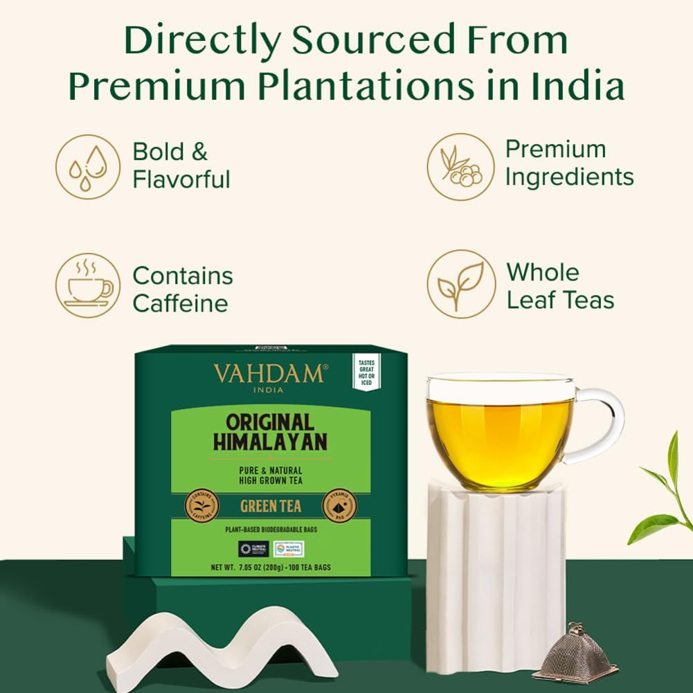 VAHDAM, Green Tea Bags (100 Plant Based Pyramid Tea Bags) Green Tea Leaves from Himalayas | Non GMO, Gluten Free, Naturally High Grown | Whole Loose-Leaf Tea Bags | Resealable Ziplock Pouch image number 1