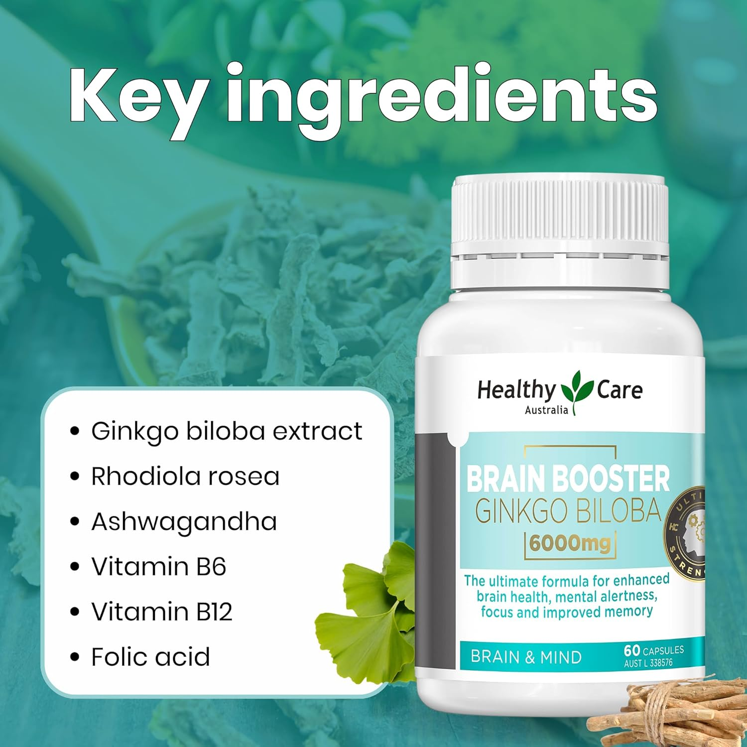 Healthy Care Brain Booster Ginkgo Biloba Capsules - Enhances Mental Alertness and Memory - Premium Dietary Supplement - All-Natural Ingredients - 60 Capsules - 6000 Mg image number 5