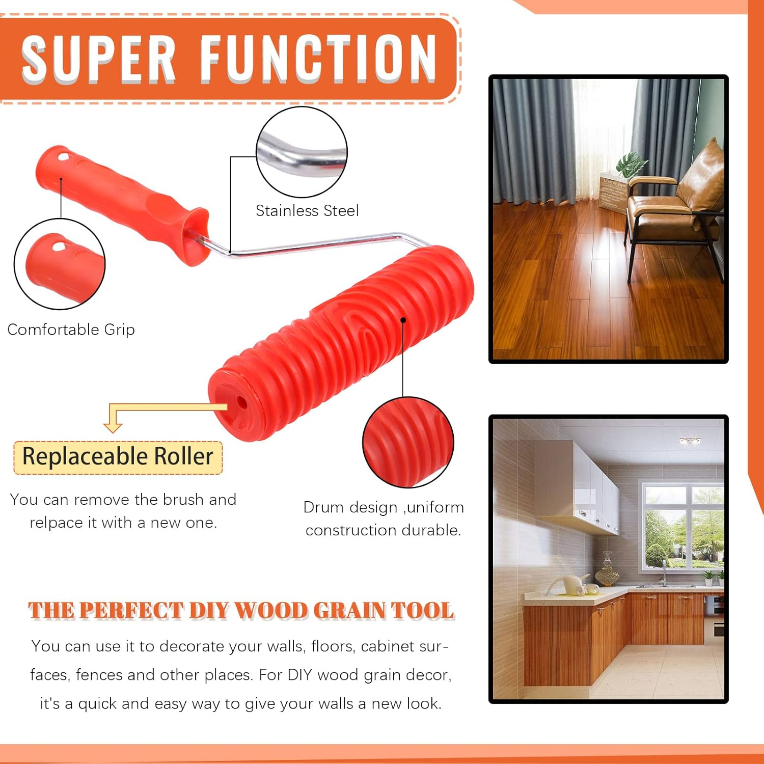 Tanstic 8Pcs Wood Graining Painting Tool Set, Red Black Blue Rubber Wood Grain Tool and Rubber Empaistic Wood Texture Pattern Roller with Handle for Wall Floor Furniture DIY Room Decoration image number 5