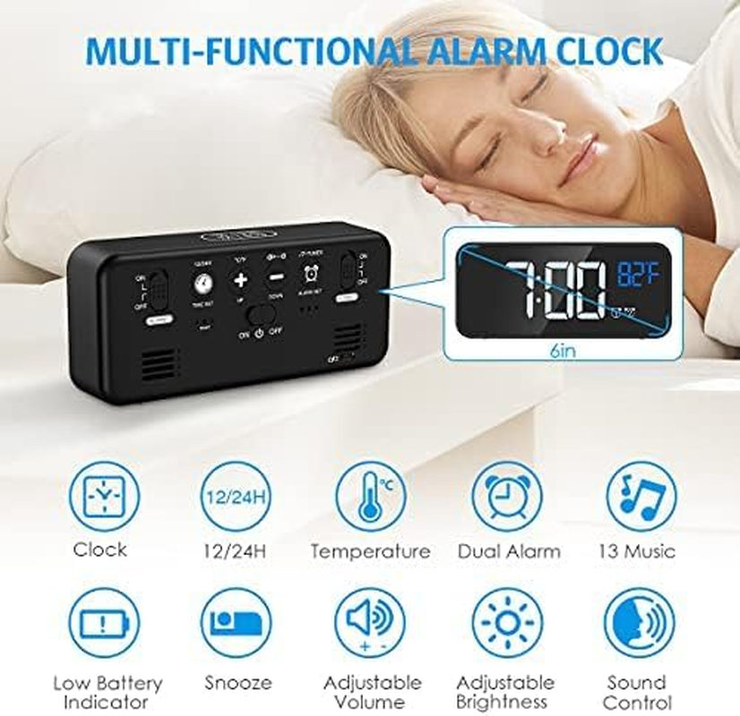 【2026 Newest Upgraded】 AMIR Digital Alarm Clock with Large Led Temperature Display, Portable Alarm Clock Digital, Snooze Time, Four-Level Adjustable Brightness Dimmer, 13 Music for Table Bedroom