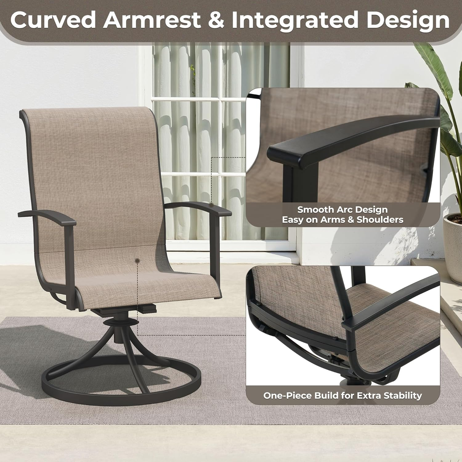 Grand Patio Outdoor Swivel Dining Chairs Set of 2, 360 Degree Swivel Patio Chairs with Mesh Sling and Rocking Frame for Lawn, Porch, Garden, Mixed Coffee