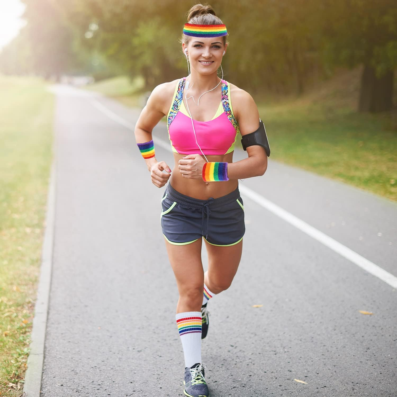 MAGIDOVE 5PCS Sweat Band Wristbands Set Sports Headband with Knee High Tube Socks for Men Women Indoor Outdoors Activities image number 6