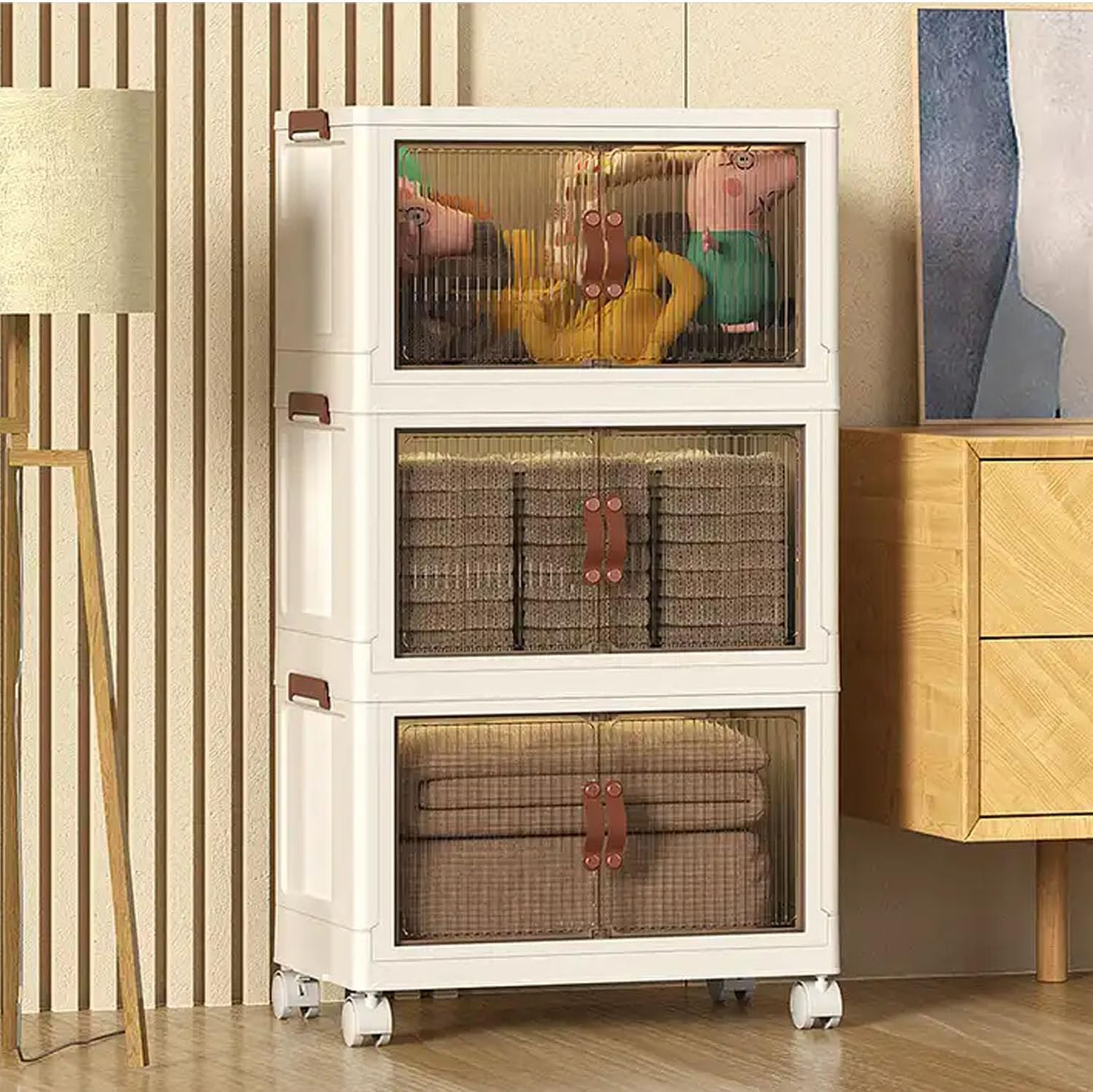 3 Pack Folding Storage Bins with Lid, Closet Organizers and Storage with Doors, Plastic Stackable Storage Bins Folding Storage Box Collapsible Trunk Storage Bin with Wheels, Opening Storage Boxes Set image number 3