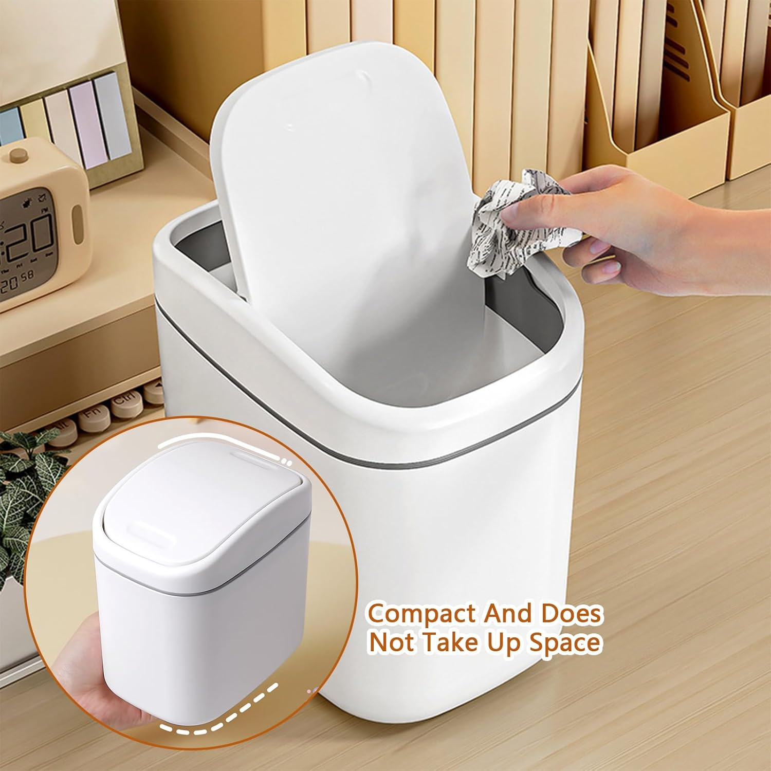 Desktop Trash Can with Lid Table Trash Basket Bedside Plastic Waste Paper Basket Mini Trash Bin for Car Wastebasket for Coffee Shop (White) image number 1