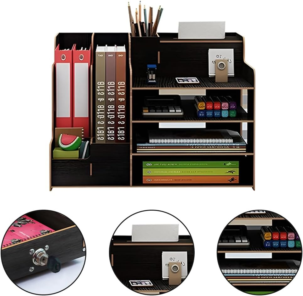 TOMVAES Wooden Desk Organizer with 3 Trays, File and Paper Organizer, Office Supplies Tray and Pen Holder for School Home (Black)