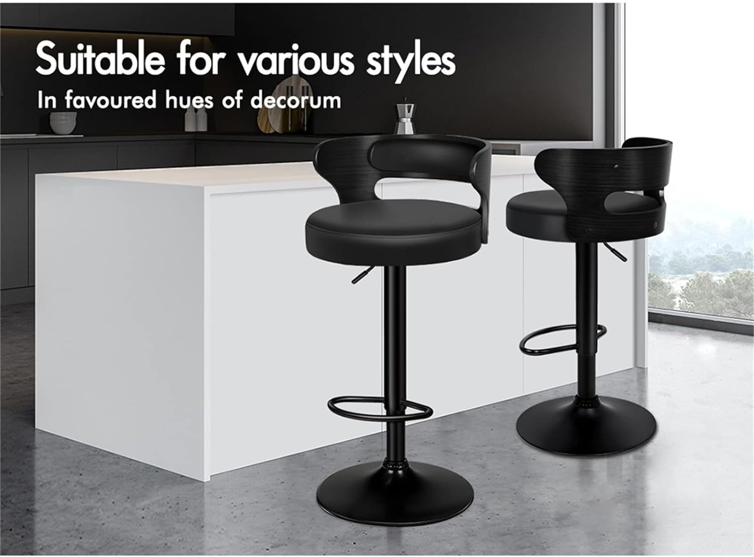 ALFORDSON Set of 2 Bar Stool Ramiro Adjustable Kitchen Stool Swivel Counter Wooden Dining Chair in 61-82Cm Seat Height with Gas Lift, All Black Bar Sets for Home Dining Room Cafe Shops Bars