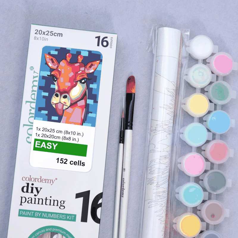 COLORDEMY 2-In-1 Paint by Numbers Kit - Rolled Canvases (20X25Cm & 20X20Cm), 16 Colours, Brushes & Paints Included - Fun for Adults & Kids, Perfect for Parties or Group Painting (Giraffe Design) image number 6