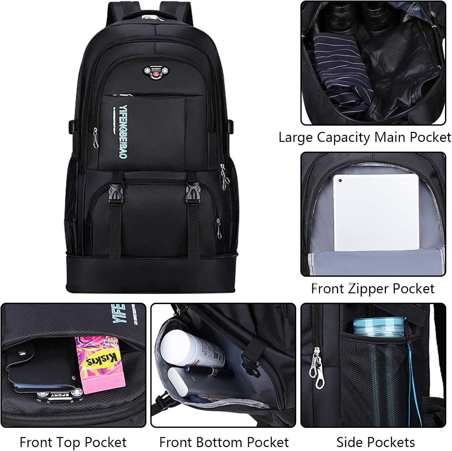 Wesoke 65L Hiking Backpack Black, Expandable Travel Hiking Daypacks, Waterproof Large Camping Backpack for Men Women, Foldable Lightweight Outdoor Sport Backpacking Backpack for Climbing Touringr image number 2