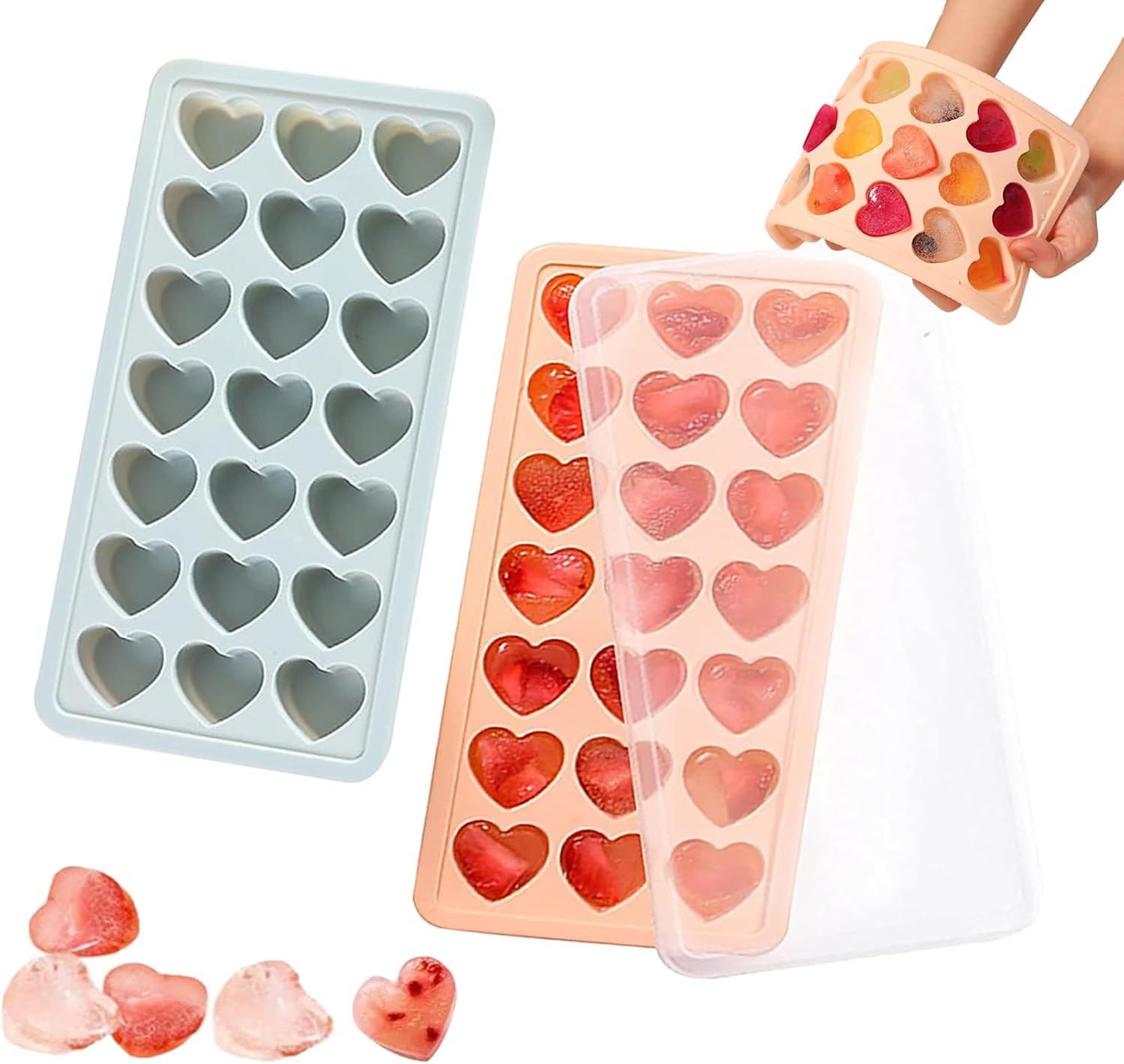 2 Pack Heart-Shaped Ice Cube Trays with Lid and Bin - 48 Holes Silicone Mini Heart Ice Cube Tray, BPA Free and Dishwasher Safe, Fun Shape Ice Cube Mold, Easy to Remove