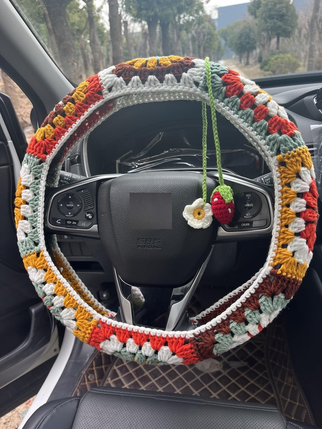 Steering Wheel Cover,Handmade Crochet Rainbow Sunflower Granny Square Steering Wheel Covers (Wheel Covers+2Belt Covers+2Car Coasters+Strawberry)
