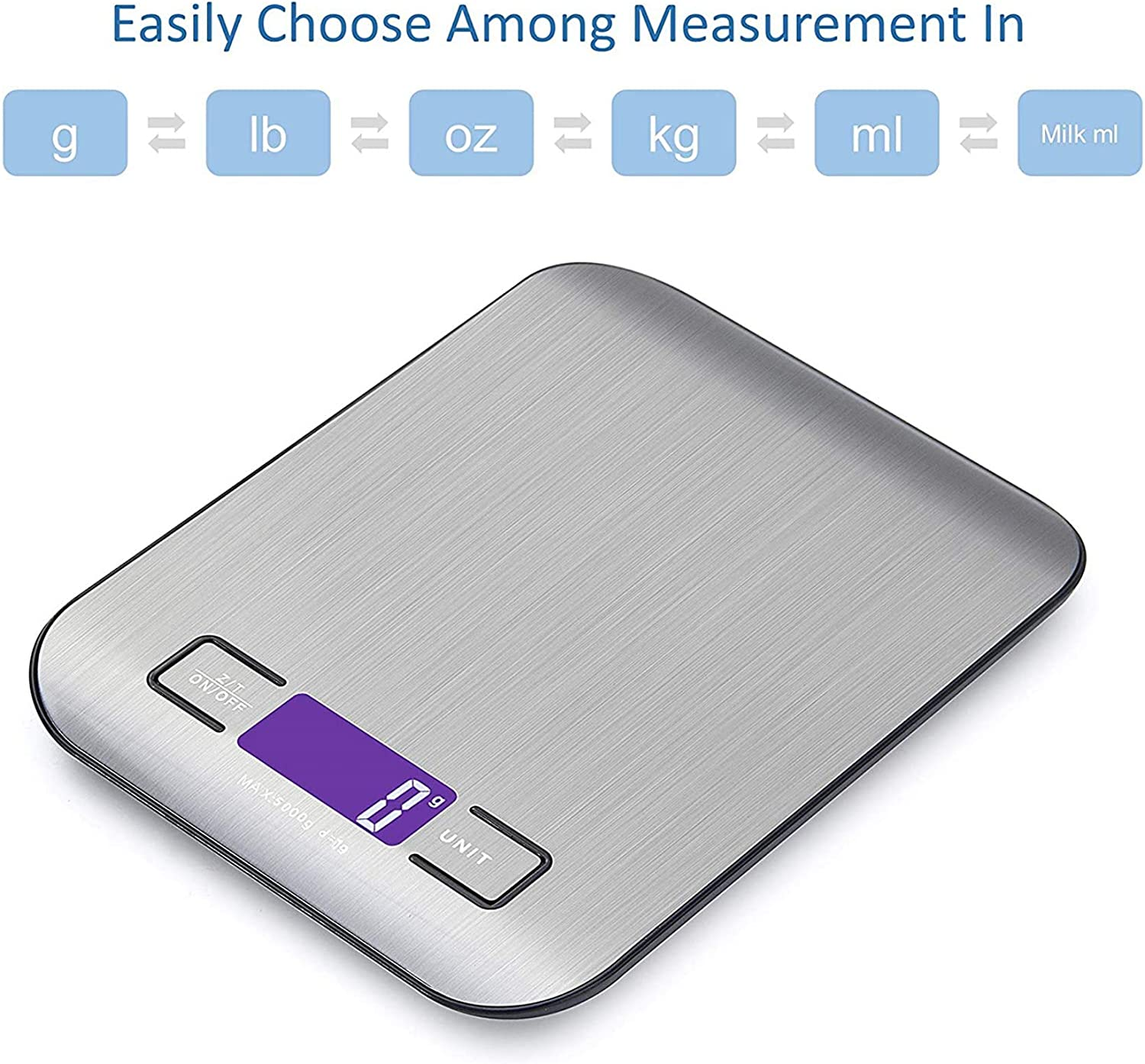 Digital Kitchen Scale Multifunction Food Scale, 11 Lb 5 Kg, Silver, Stainless Steel (Batteries Included) image number 6