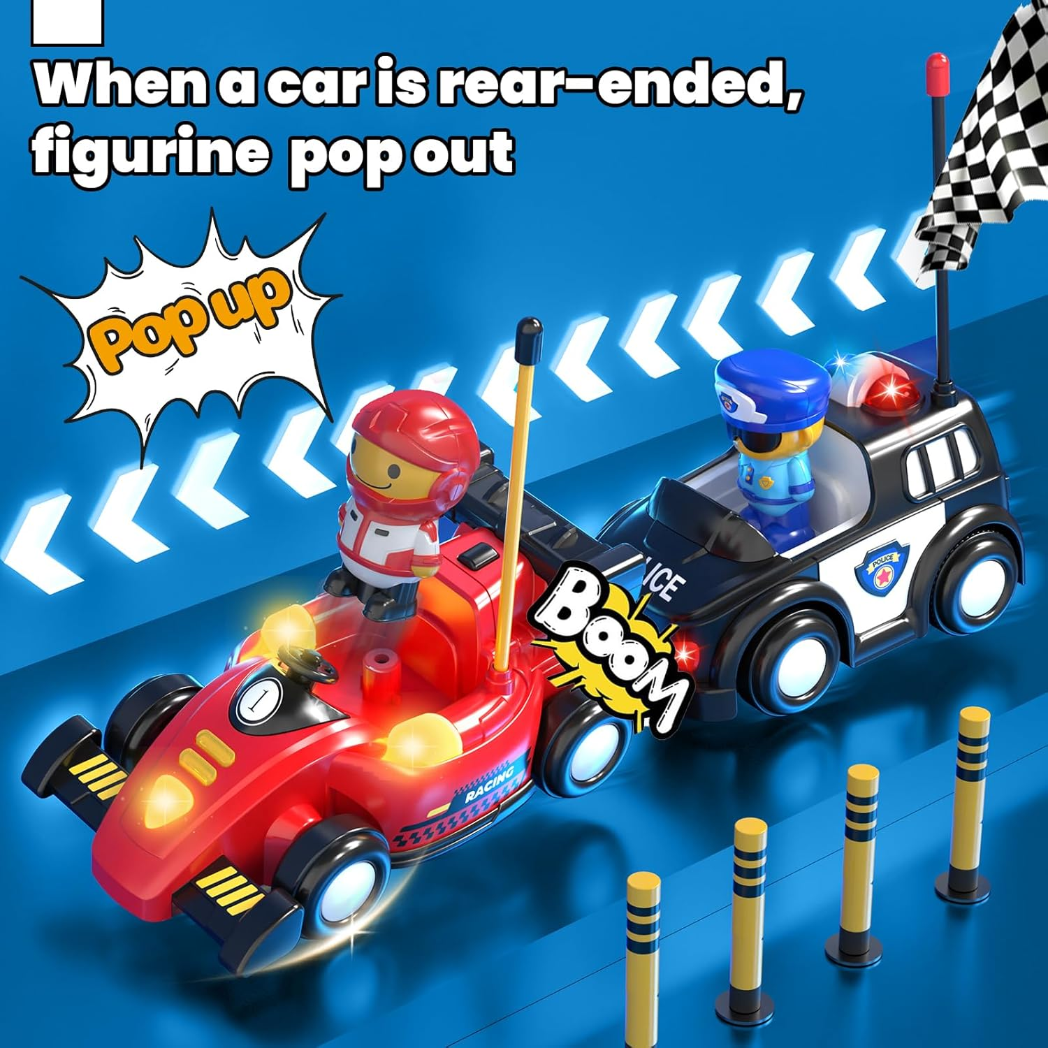 Lehoo Castle Remote Control Cars, Toys for 2 Year Old Boy, Remote Control Bumper Cars, 2 Pack RC Car Pop-Up Race & Police Car Toy, Gifts for 2 Year Old Boys with Lights & Music