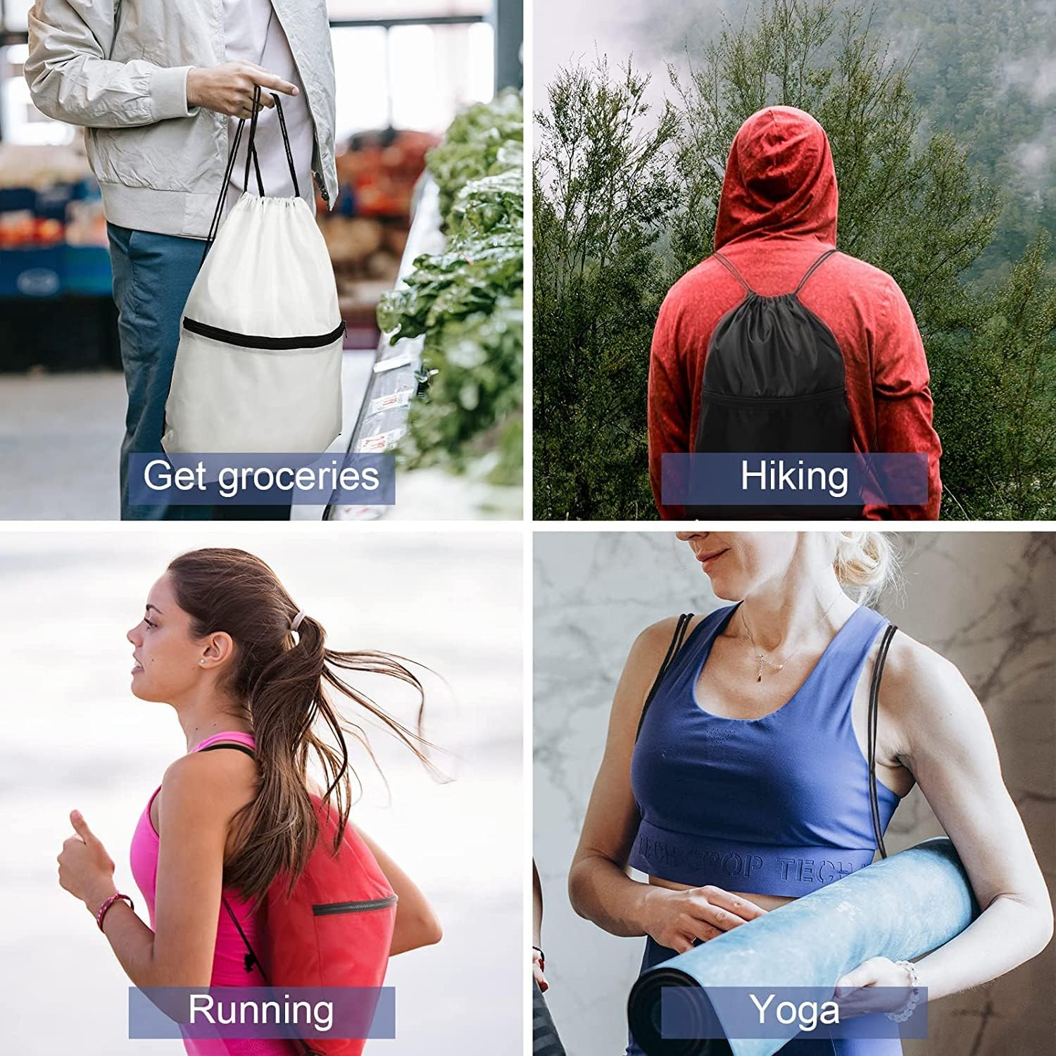 Drawstring Gym Bag, Sport Large Capacity PE Bag with outside Zipper Waterproof String Swim Backpack for Men & Women Boys Girls for Sports School Beach Holidays Swimming Travel Yoga image number 3