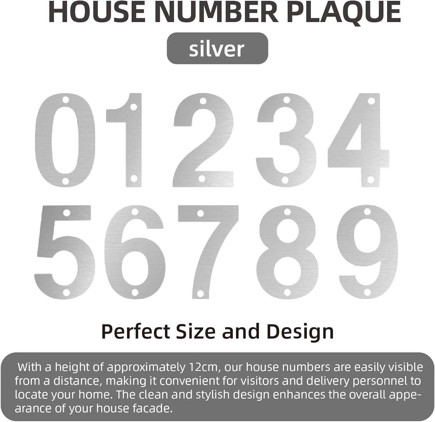Bay Breeze Stainless Steel House Number Sign, 12Cm, Silver-0, Modern Elegant Style, Wall Mount, Outdoor/Indoor Use - Silver-3 image number 1