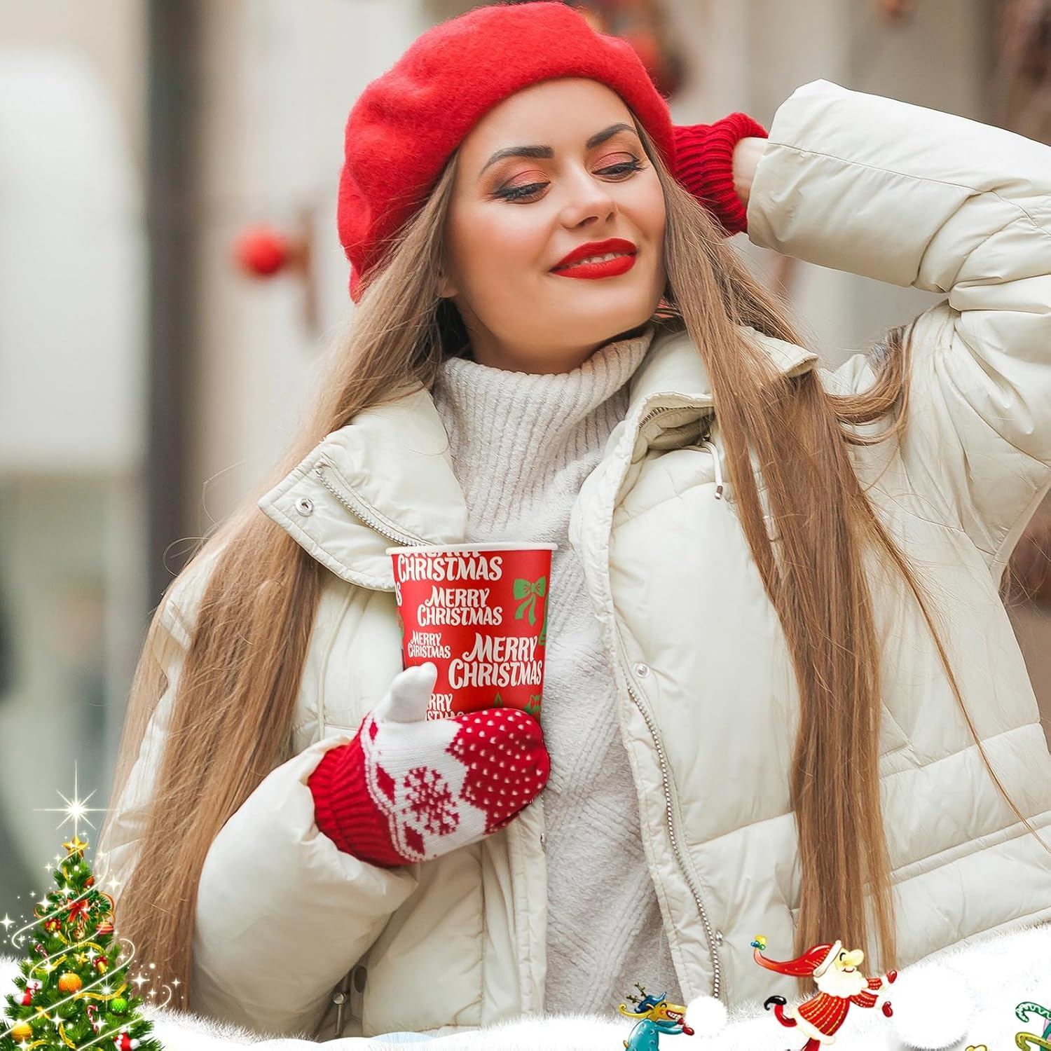 Zhehao 100 Pcs Christmas Paper Cups with Lids 16 Oz Disposable Hot Chocolate Cups Xmas Hot Cocoa Party Supplies for Coffee Tea Water Hot Cold Beverages