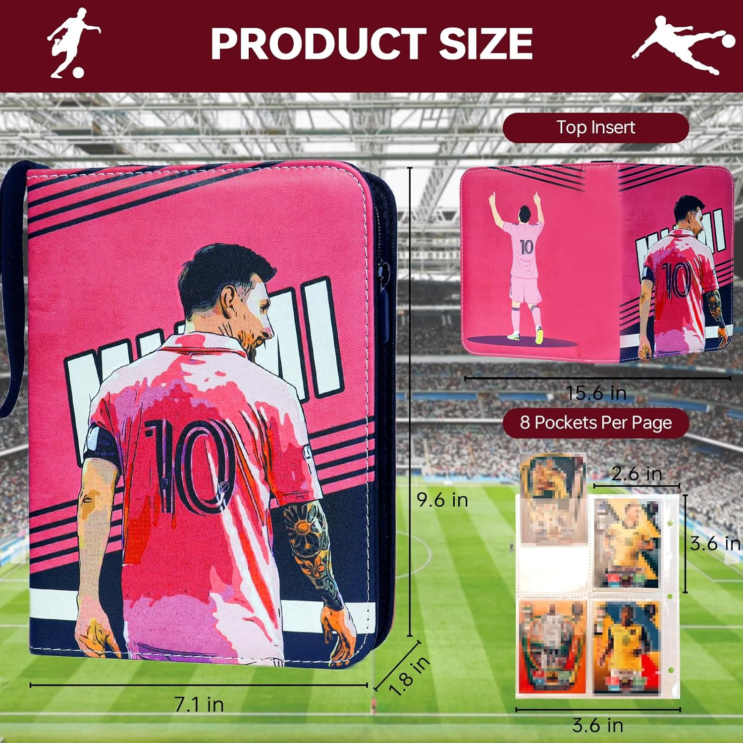 Soccer Card Binder for 400 Cards, 4 Pocket Card Collection Album with 50 Removable Sleeves and Zipper Carrying Handle, Waterproof Sports Trading Card Holder, Portable 3-Ring Soccer Card Folder image number 6