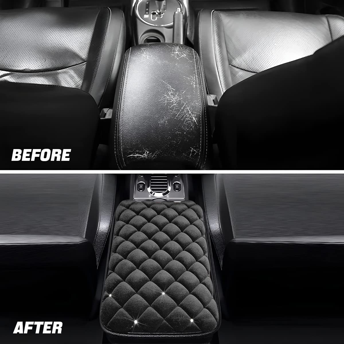 AUCELI Fluffy Car Armrest Cover, Bling Diamond Auto Center Console Pad, Soft Seat Box Protector, Plush Cushion for Arm Rest, Vehicle Interior Protection Accessories, Universal Fit Truck SUV