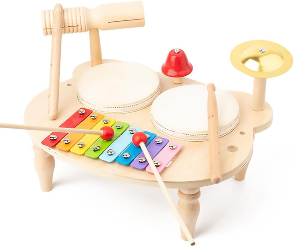 Kids Drum Set for Toddlers Baby Music Instruments 7 in 1 Montessori Preschool Musical Toys Children Drum Kit Xylophone Tambourine Birthday Gifts for Boys and Girls Natural Wooden Music Kit image number 3