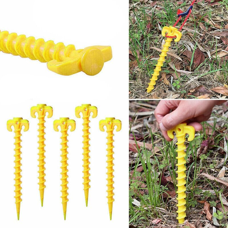 AIMALL 10PCS Screw Tent Pegs Ground Stakes Spiral Nails Plastic Tarp Outdoor Camping- Strong Plastic Ground Nails, Ultra-Light, Rust-Proof - Yellow, 7.87X1.77 Inches image number 1