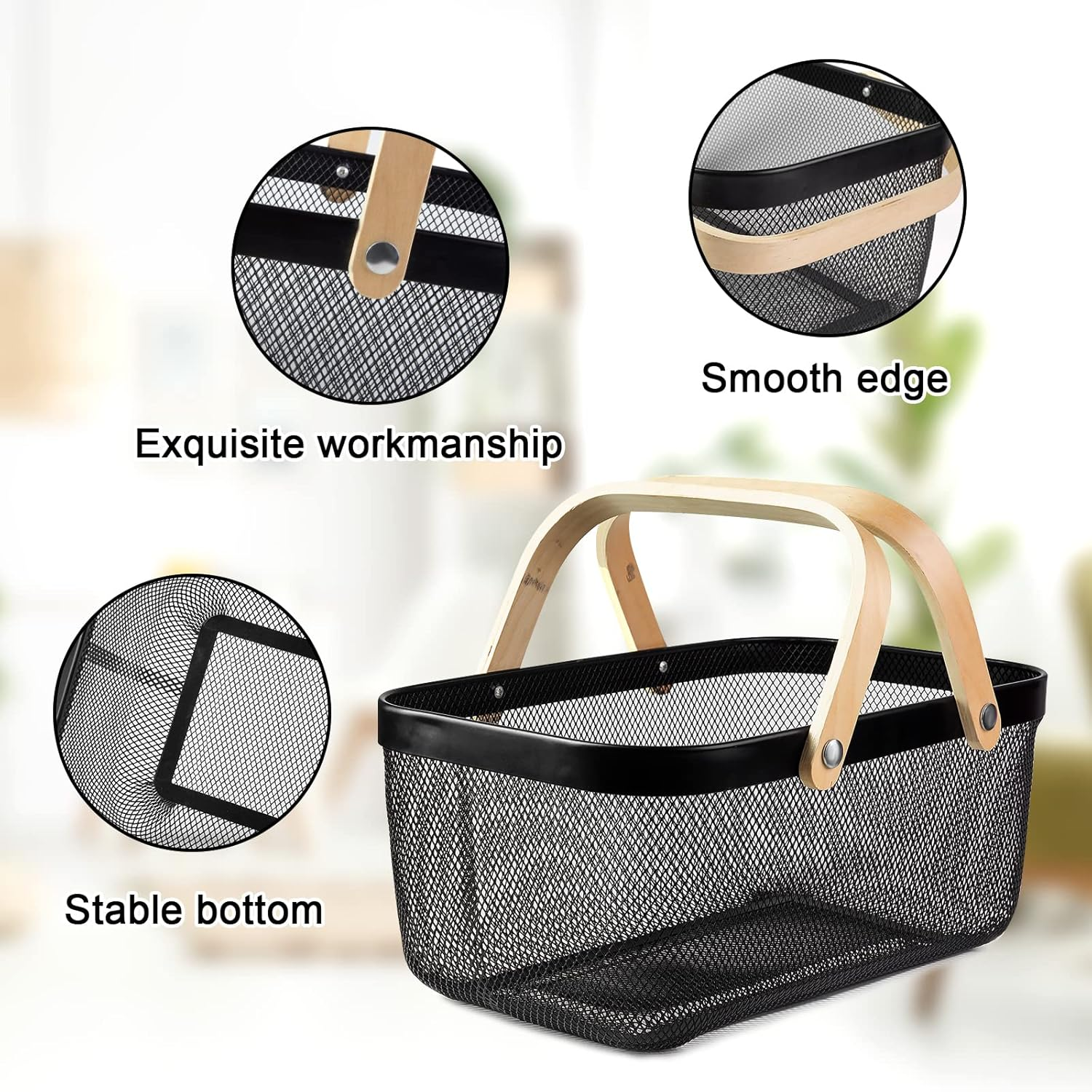 Portable Garden Harvest Basket-Mesh Design Natural Bamboo Handle Wire Storage Baskets,Mesh Basket with Handle Organize Items Reduce Space Occupation,Suitable for Kitchen,Garden,Picnic(Black) - White image number 2
