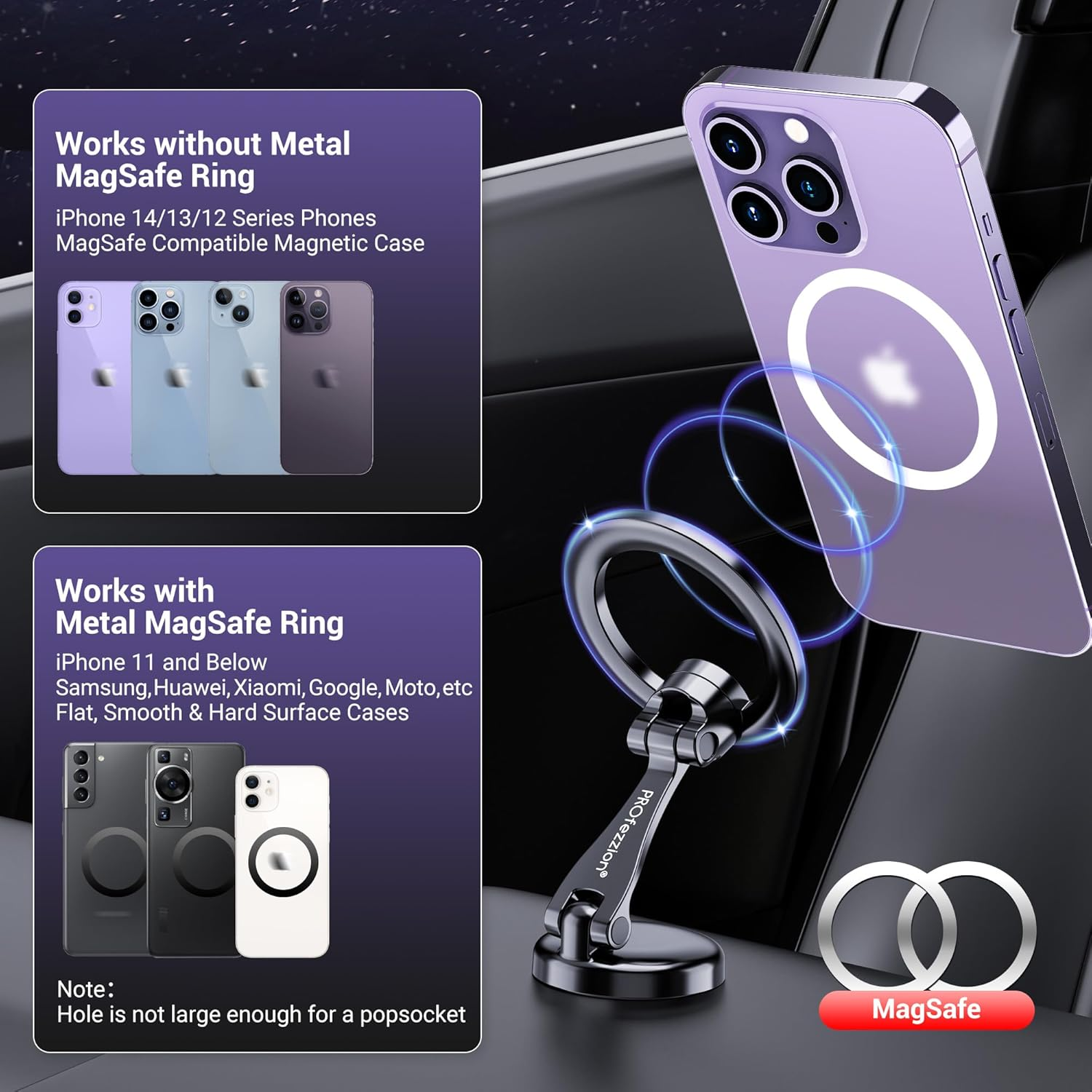 Profezzion Strong Magnetic Car Mount Phone Holder Stand for Iphone 15 14 13 12 Pro Max Mini plus & All Phones with the Metal Ring Included, on Car Dashboard Ultra Stable image number 6