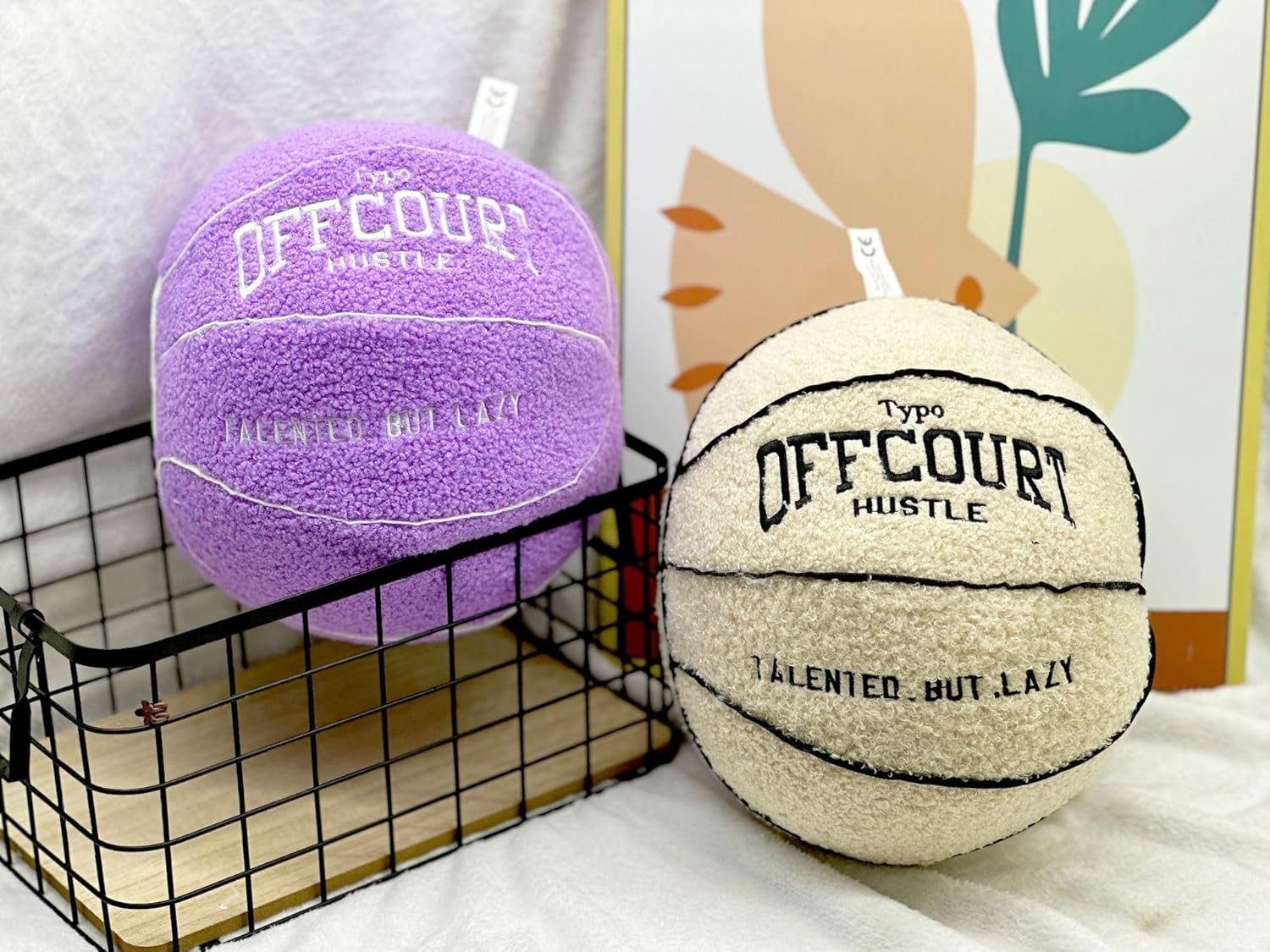 2023 New Offcourt Basketball Pillow, 11" Shaped Teddy Fleece Embroidered Throw Pillow, Fuzzy Plush Toy Gifts for Kids Boys Girls (Beige)