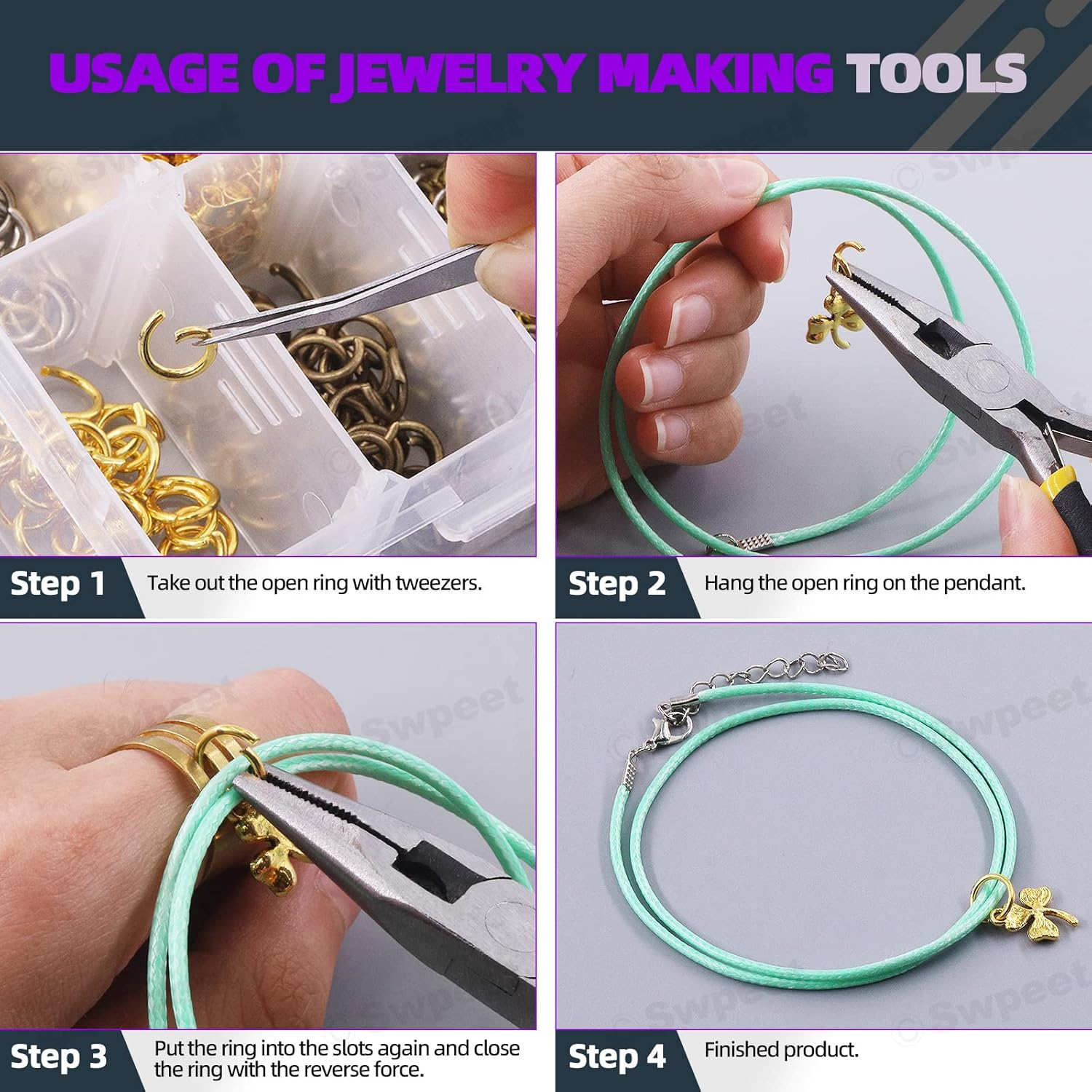 Swpeet 2724Pcs 4Mm 5Mm 6Mm 8Mm 10Mm Open Jump Rings and Lobster Clasps with Jewelry Repair Tools Assortment Kit, Including Waxed Necklace Cords, 12Mm Lobster Clasps, Tibetan Silver Pendant image number 5