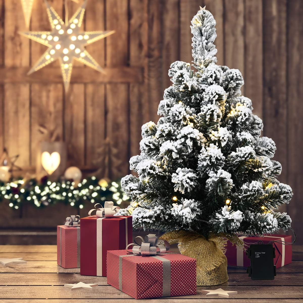 60CM Pre-Lit Snowy Christmas Tree, Mini Artificial Xmas Table Top Tree W/30 Warm White LED Lights, Battery Operated, 6 Hours Timer, Snow Flocked Tips, Potted Base W/Linen for Home, Office, Shop image number 1