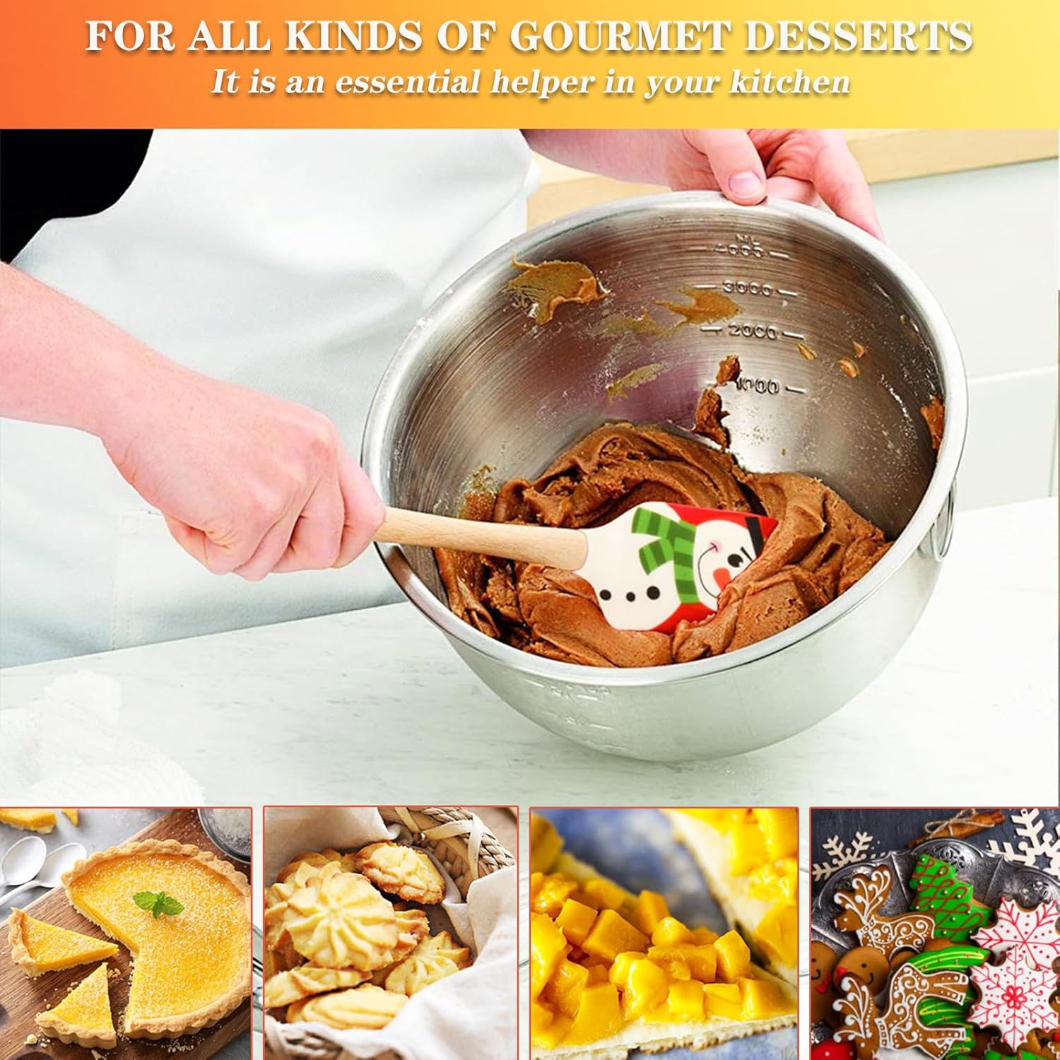 Silicone Spatula, Caliamary 3 Pieces Kitchen Mini Silicone Spatula Set, Christmas Cake Decorating Spatula with Wooden Handle, Snowman Gingerbread Man and Santa Claus Pattern (3) image number 1