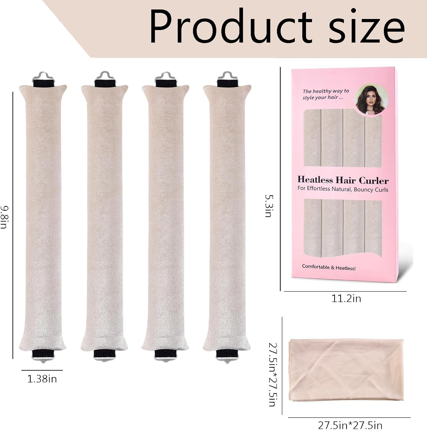 Heatless Hair Curler Curling Rod Headband, Sleep Overnight Heatless Curling Rollers Set Styling Tools for Women Girls, 4 Pack Beige Curling Rods with One Silk Head Scarf image number 1