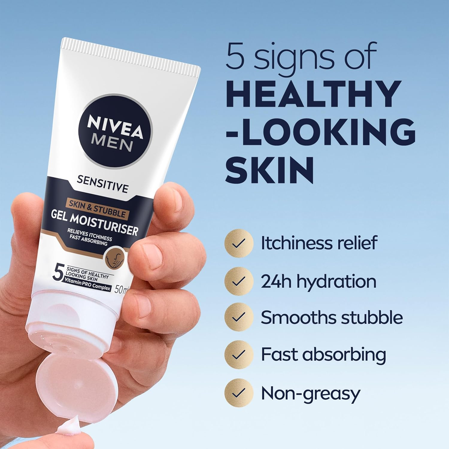 NIVEA MEN Sensitive Skin and Stubble Gel Moisturiser 50Ml | 24-Hour Hydration | Fast Absorbing Formula | Relieves Itchiness | Men'S Moisturiser for Sensitive Skin image number 4