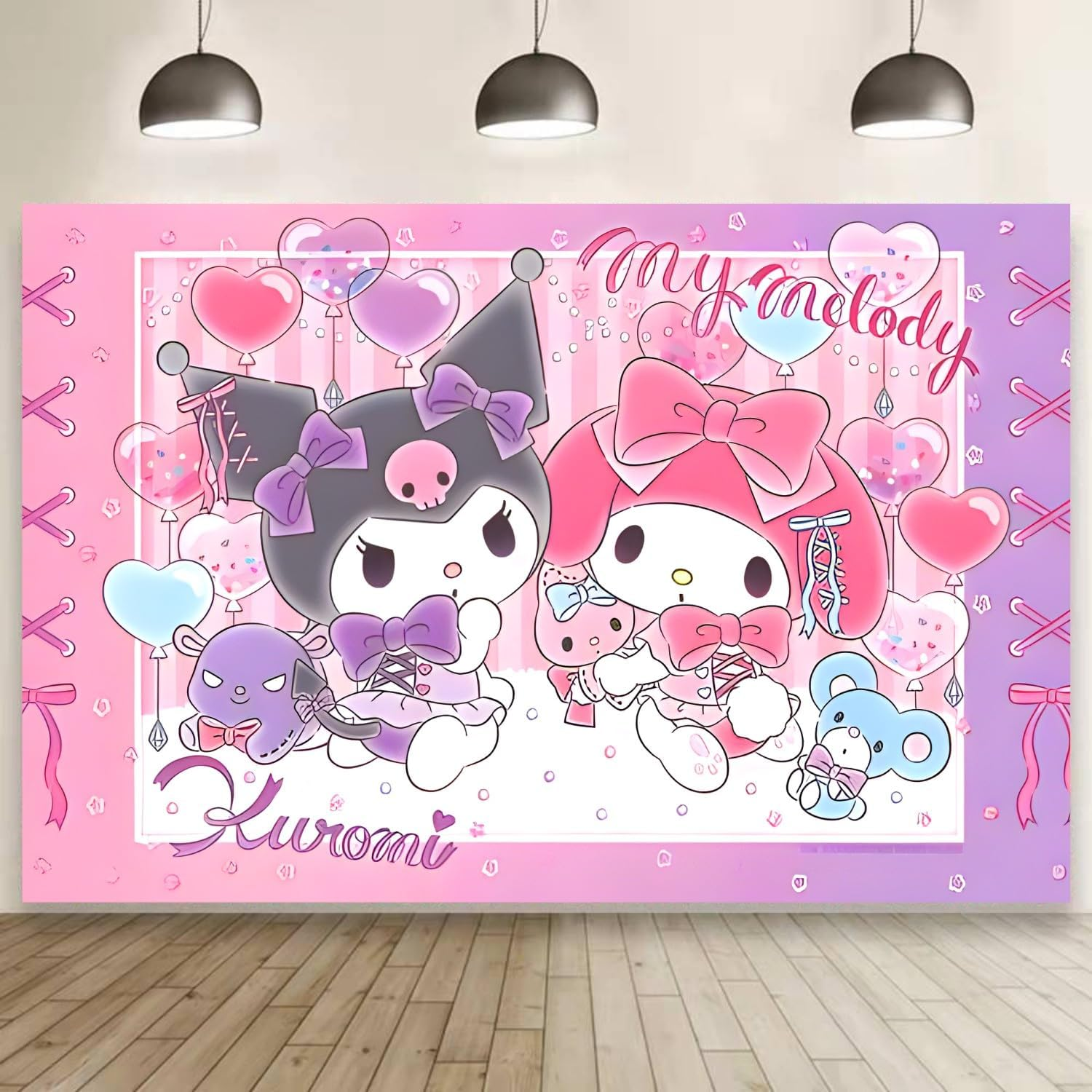 Kawaii and Melody Background Party Supplies, Happy Birthday Banner Backdrop for Kids Party Decorations (5X3Ft) image number 5