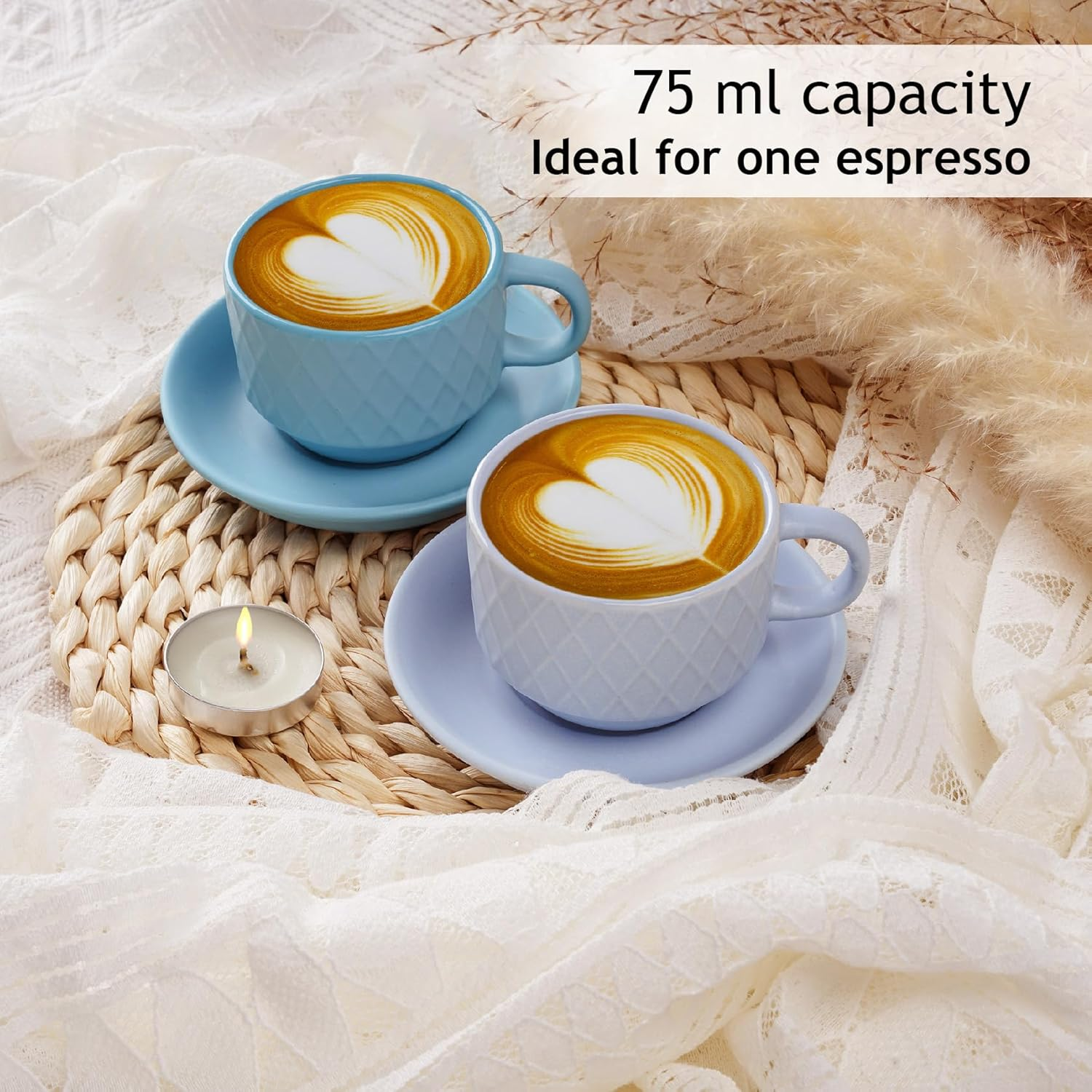 MIAMIO - 6 X 75 Ml Stoneware Espresso Mug, Cup Set Modern with Stand and Saucers - Palmanova Collection (Ocean Blue) - Magma Red image number 4