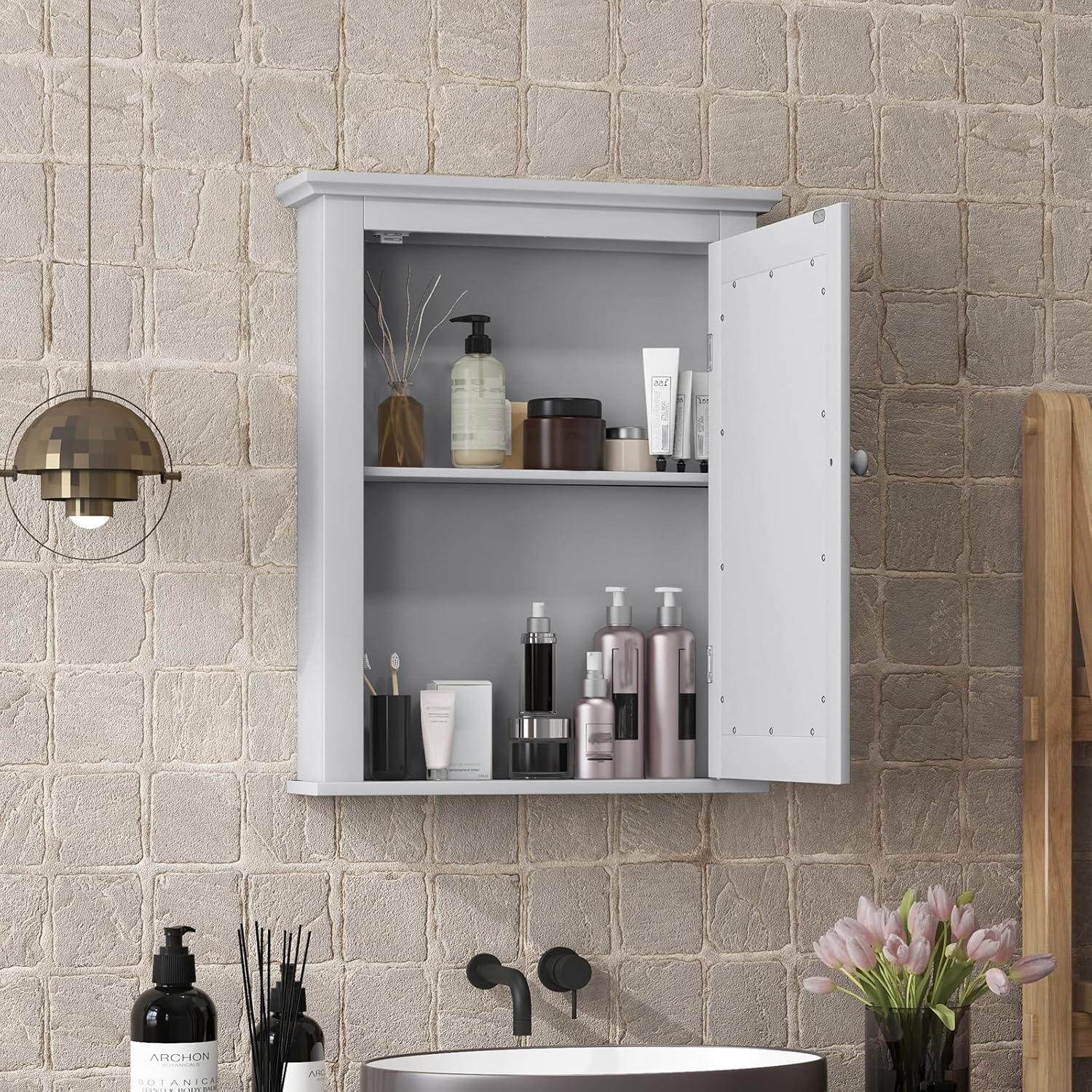 Giantex Mirrored Bathroom Cabinet, Wall Mount Wooden Medicine Storage Cabinet W/Single Door & Adjustable Shelf, Multipurpose Home Organizer 56 X 69 Cm (Gray) image number 4