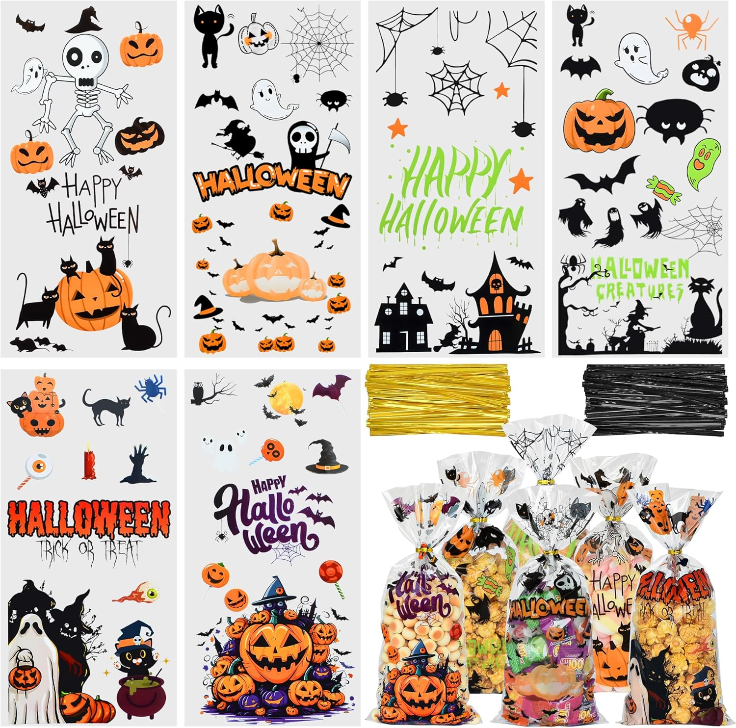 Twavang 150 Pcs Halloween Cellophane Treat Bags, Halloween Trick or Treat Goodie Bags with 170 Pcs Twists for Halloween Party Favors (10.8 X 4.9 Inches) image number 3