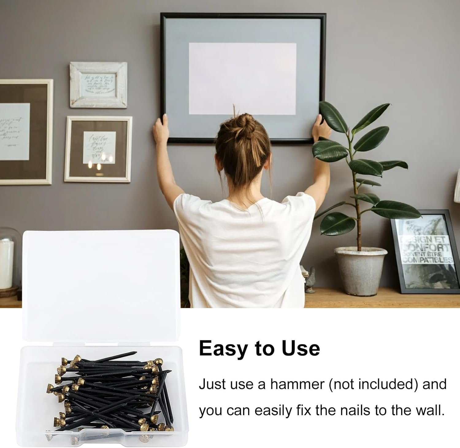 50Pcs Metal Plaster Picture Frame Hangers Picture Hanging Nails with Plastic Storage Box,Picture Pins Frame Hanging Nails,Metal Head Hanging Pins Nail Hook Pins for Hanging Photo Frame image number 2