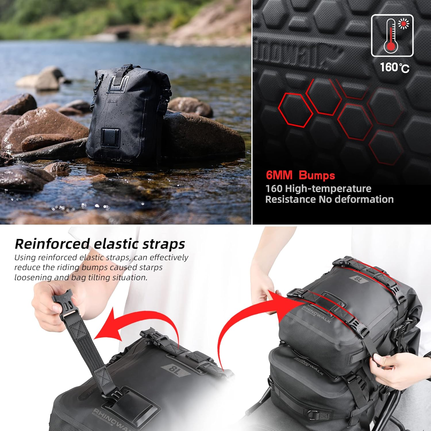 Rhinowalk Motorcycle Tail Bag - Multifunctional Waterproof Rear Rack Trunk Seat Bag, Luggage Backpack, Black 8L image number 1