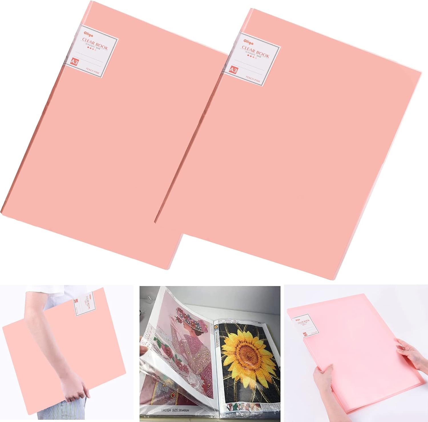 2Pcs A3 Diamond Art Painting Storage Book, Diamond Art Portfolio Folder with 30 Pags Clear Pocket Slevees Protectors, A3 Storage Book with Handle,Large Artwork Report Sheet Letter Poster Storage Bag - Green,Transparent image number 6