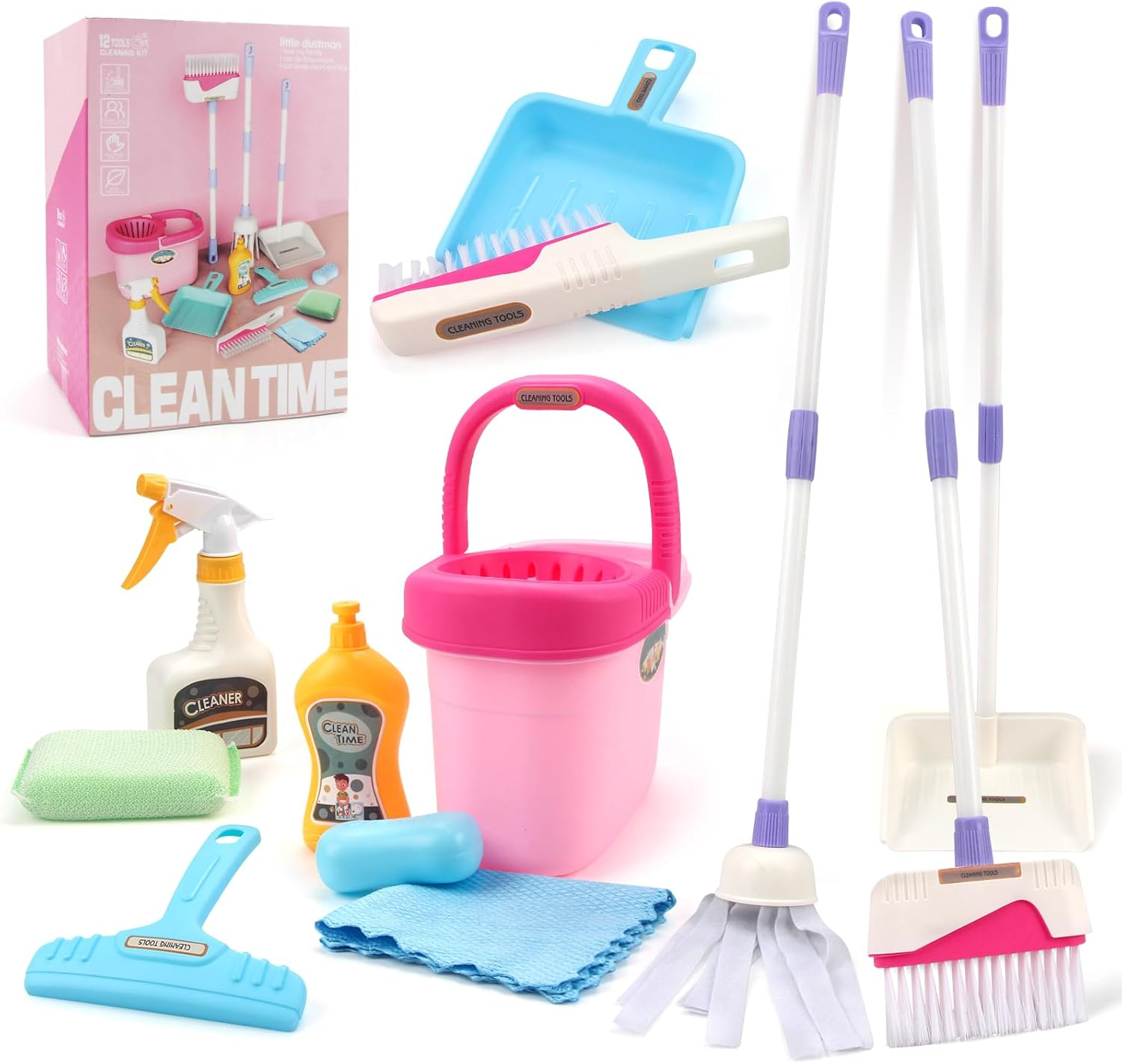 Coolplay Kids Cleaning Set for Toddlers Pretend Play Broom Set, 12Pcs Mop and Cleaning Toys Set Pretend Playset Detachable Broom Mop Dustpan Pink Toy for Girls image number 3