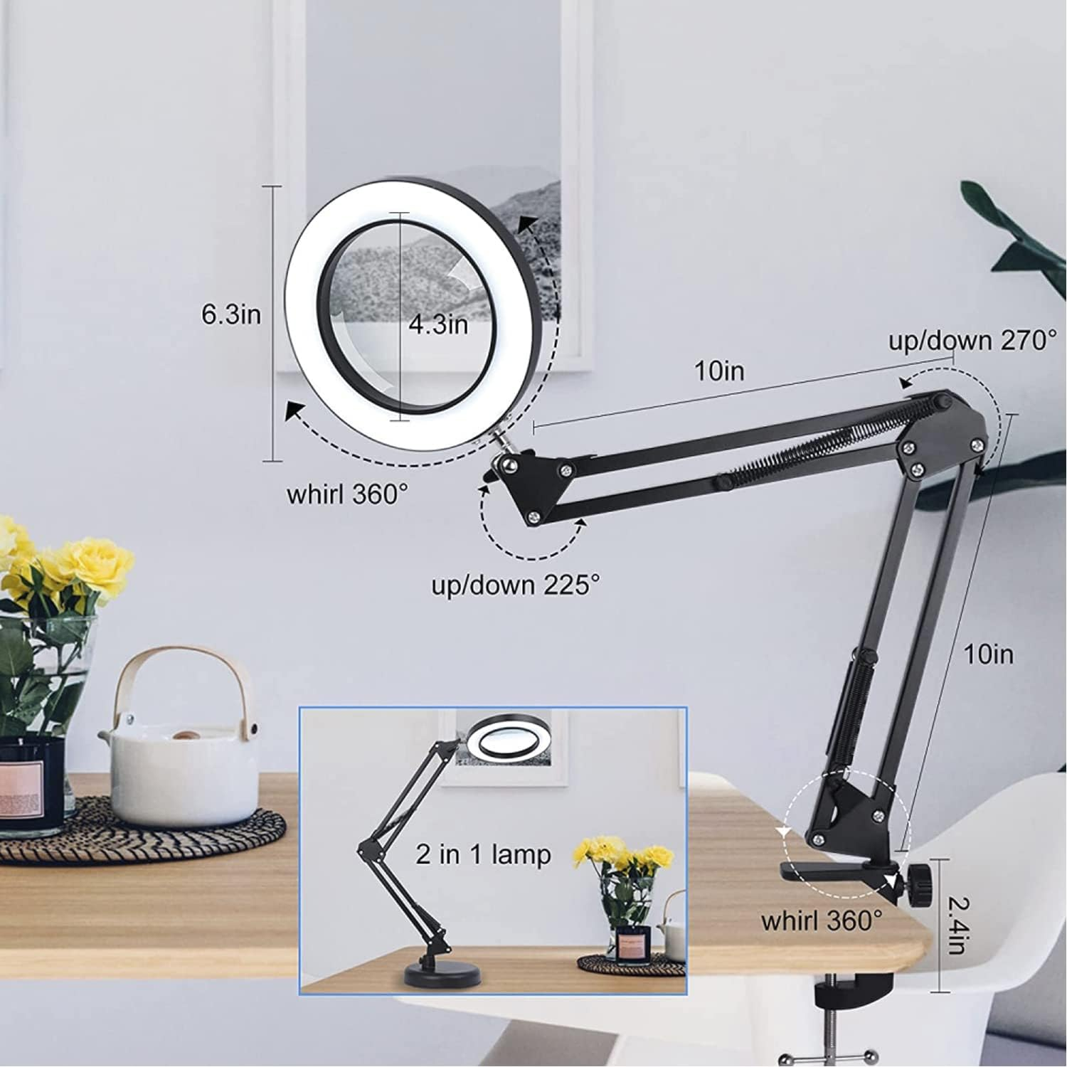 Magnifying Glass with Light and Stand, 8X Real Glass Desk Lamp Clamp, 3 Color Modes Dimmable, LED Lighted Magnifier for Reading Crafts Repair Sewing Close Works image number 3