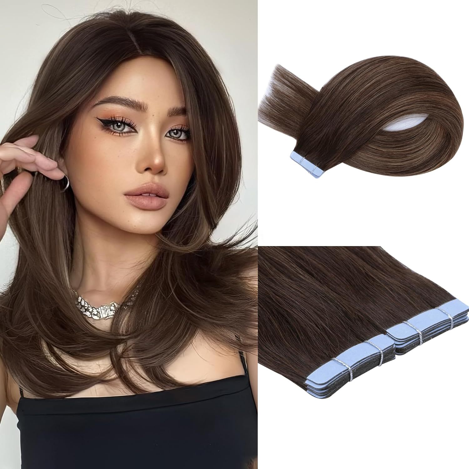 Tape in Hair Extensions Human Hair 16 Inches Balayage D.Brown to Golden Brown 20Pcs 50G/Pack Straight Seamless Weft Skin (Balayage D.Brown to Golden Brown) image number 1