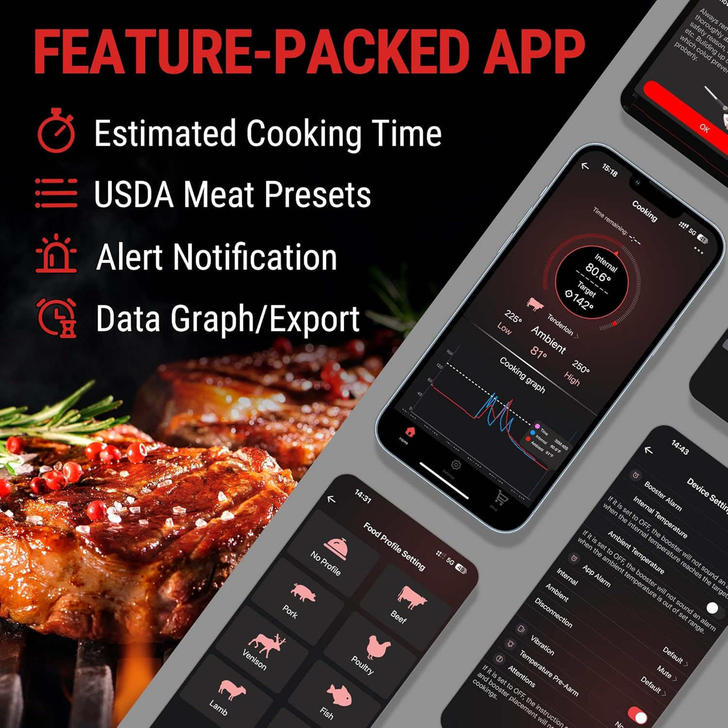 Thermopro Tempspike 500FT Truly Wireless Meat Thermometer, Bluetooth Kitchen Thermometer for Grilling and Smoking, Food Thermometer Temperature Probe for BBQ Oven Smoker Rotisserie Sous Vide image number 6