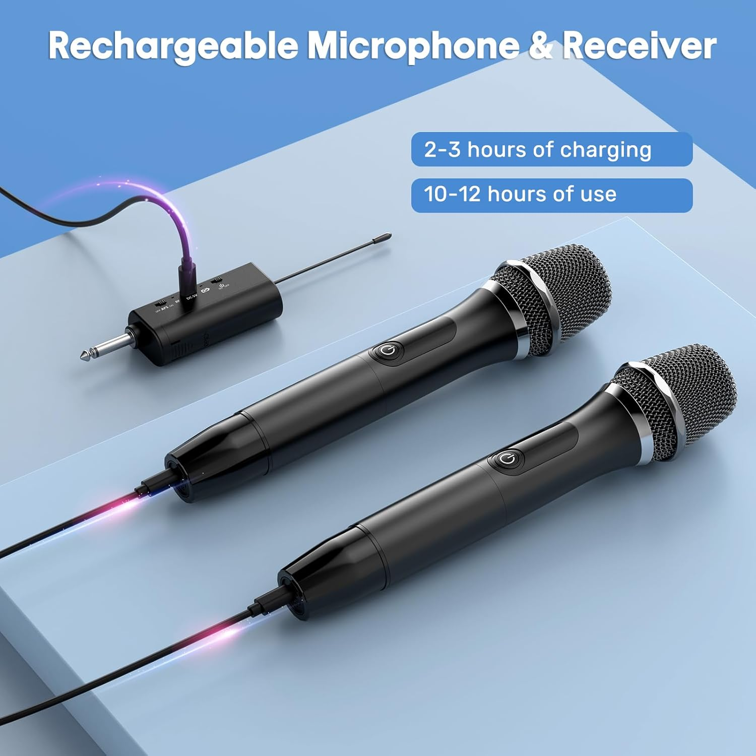 Rechargeable Wireless Microphones, Professional UHF Dual Microphones with Rechargeable Receiver, for Karaoke, Wedding, DJ, Party & Speech (Black) image number 2