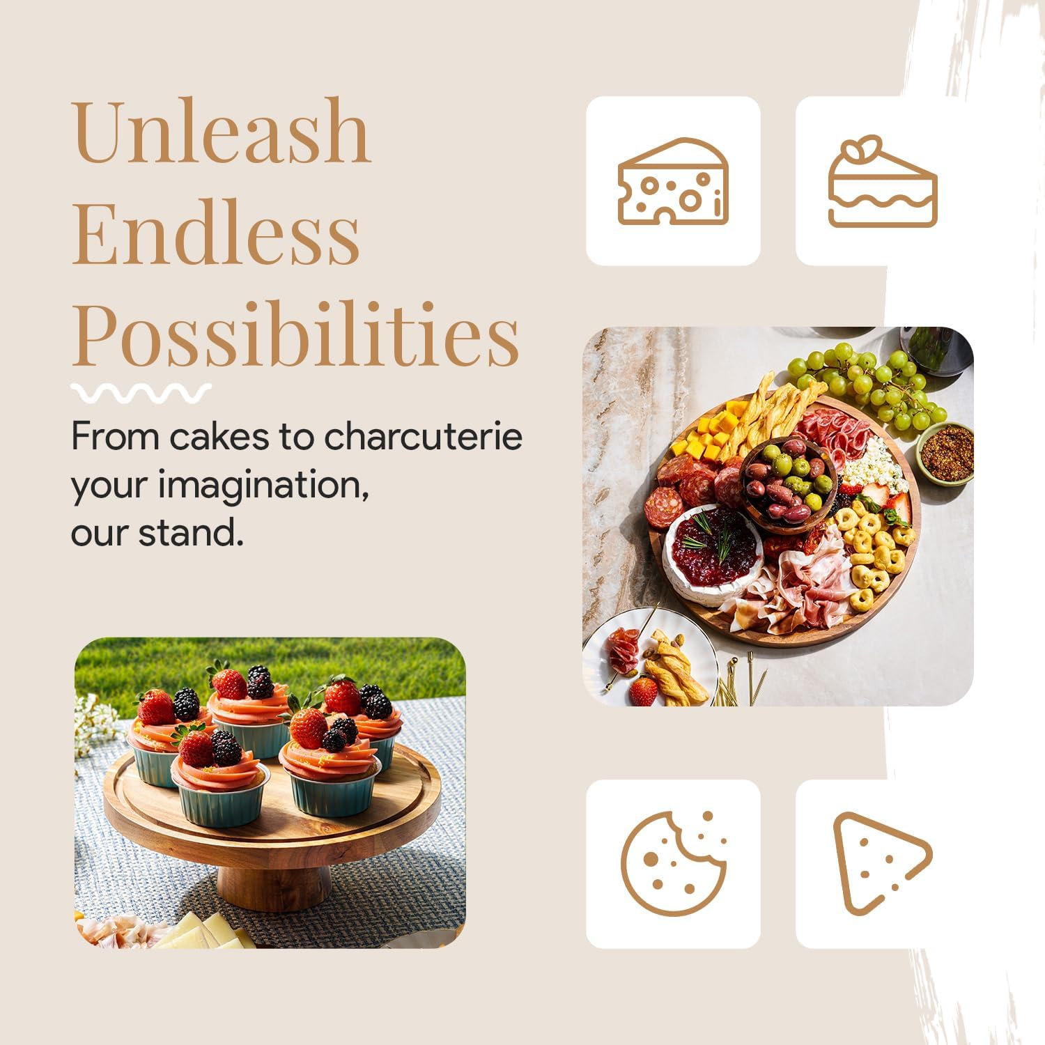 Acacia Wood Cake Stand with Lid - 12In round Cake Holder, 2-In-1 Dessert Table Display Set & Charcuterie Board for Cheese, Chips & Dips, Nachos, Fruit Platter, Large Acrylic Cake Dome Cover