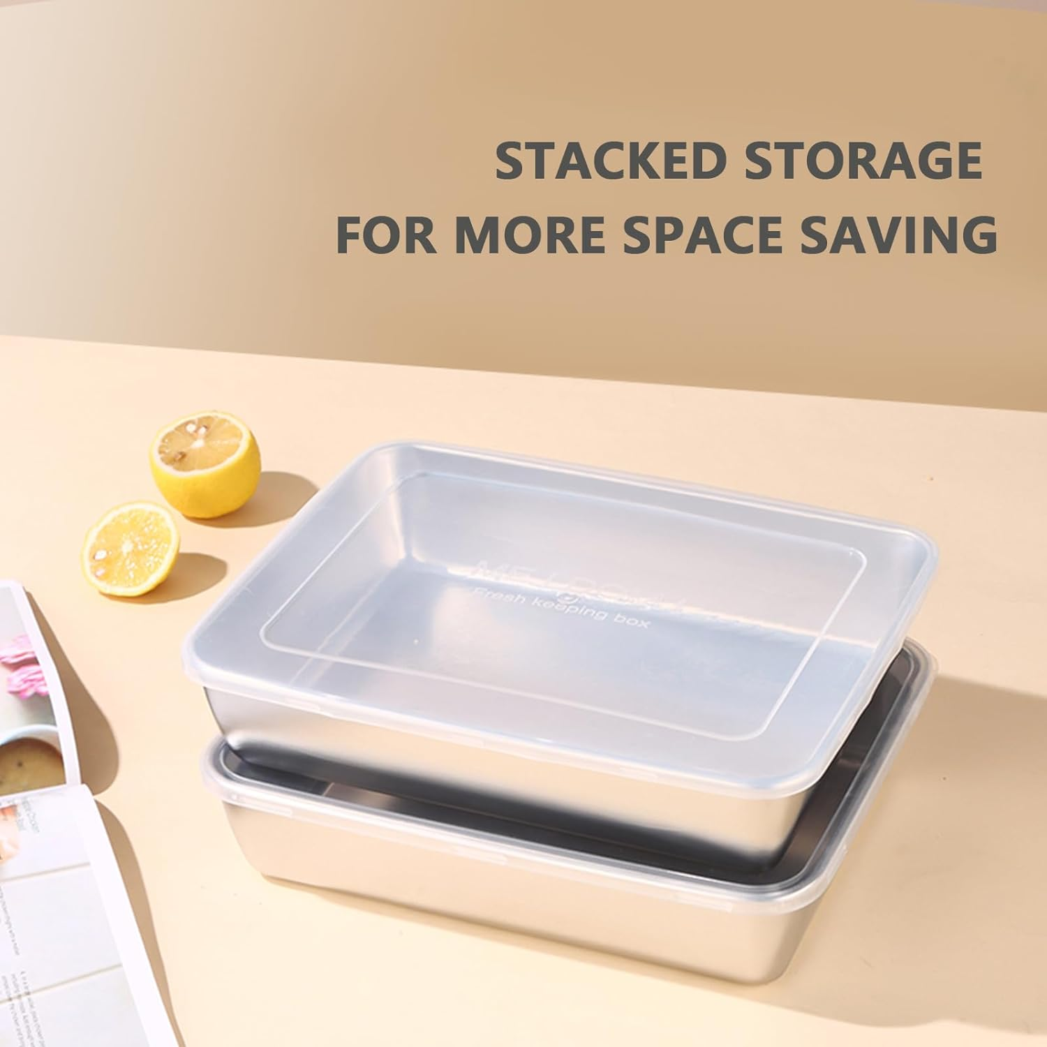 Set of 3,Stainless Steel Rectangle Food Storage Box Container- Leak Plastic Lid Dishwasher Safe - Plastic Free -Clear Lid (3) image number 3