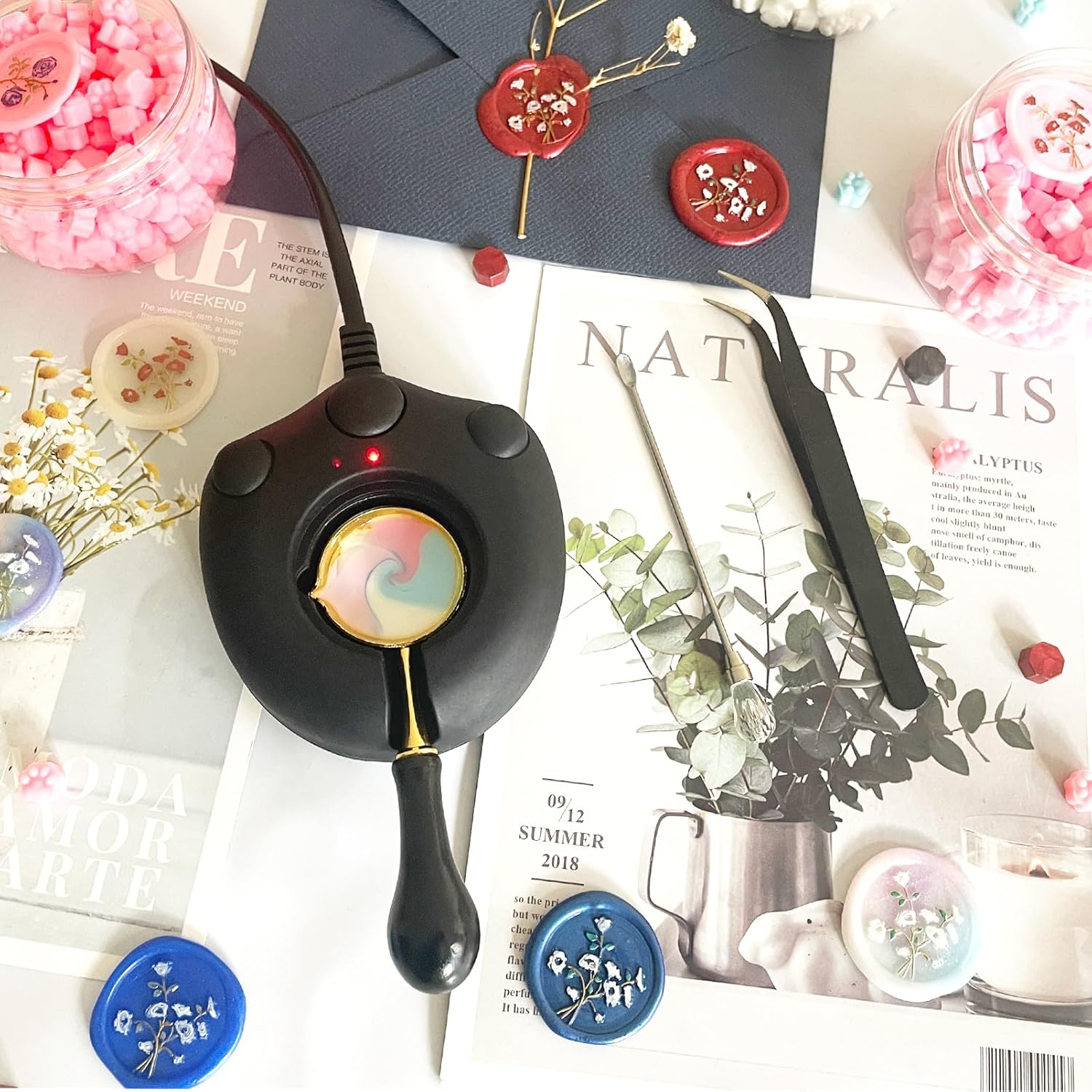 Black Electric Wax Seal Warmer Wax Seal Kit with Spoon, Tweezers and Stir Stick, Great Tool for Melting Wax Seal Sticks Sealing Wax Beads (01Black) - Purple image number 6