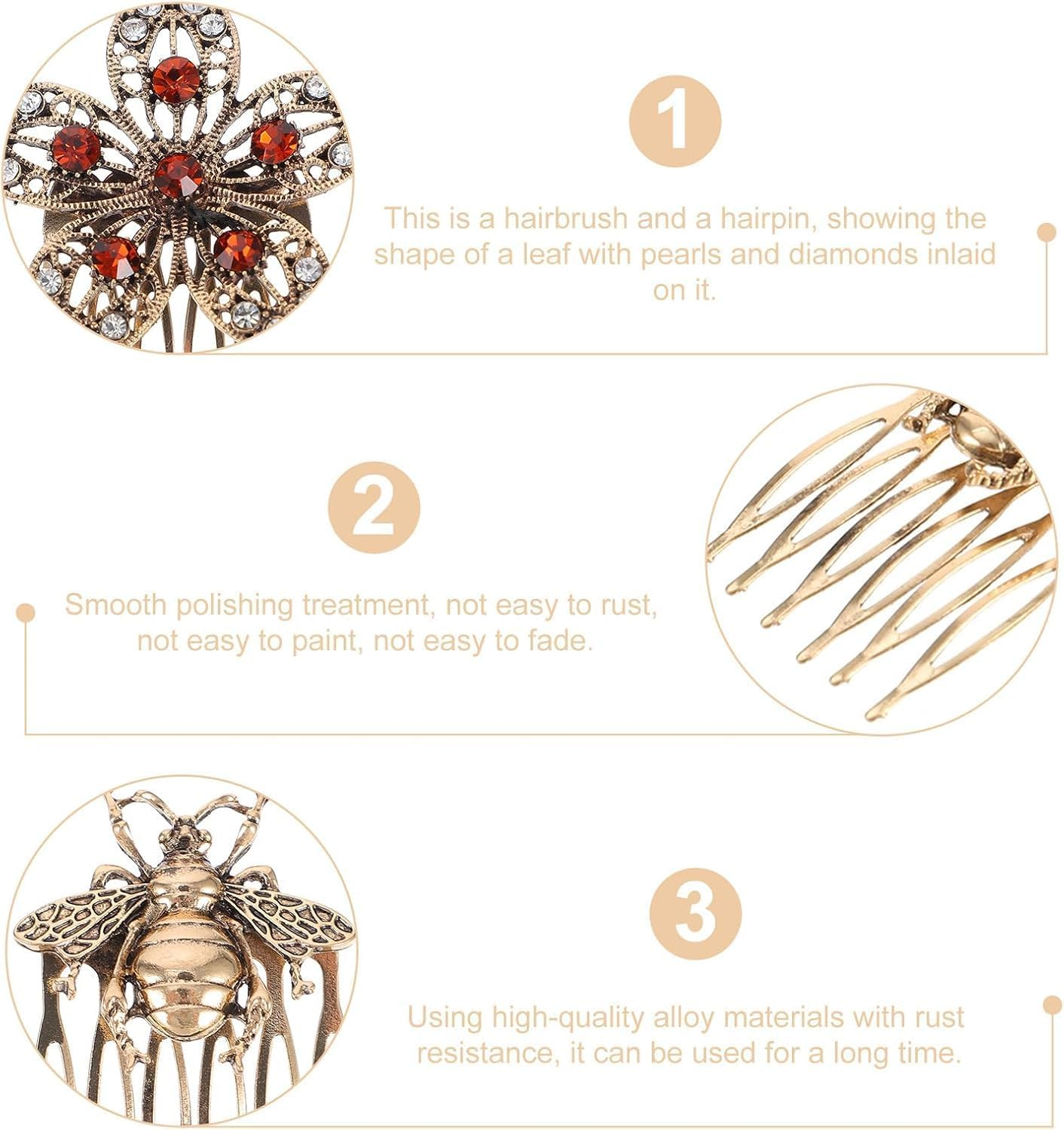 5Pcs Vintage Hair Side Combs Retro Diamonds Hair Comb Barrette French Hair Pin Decorative Hair Combs Women Fashion Flower Girls Accesories for Wedding Accessories (Gookin, One Size) image number 2